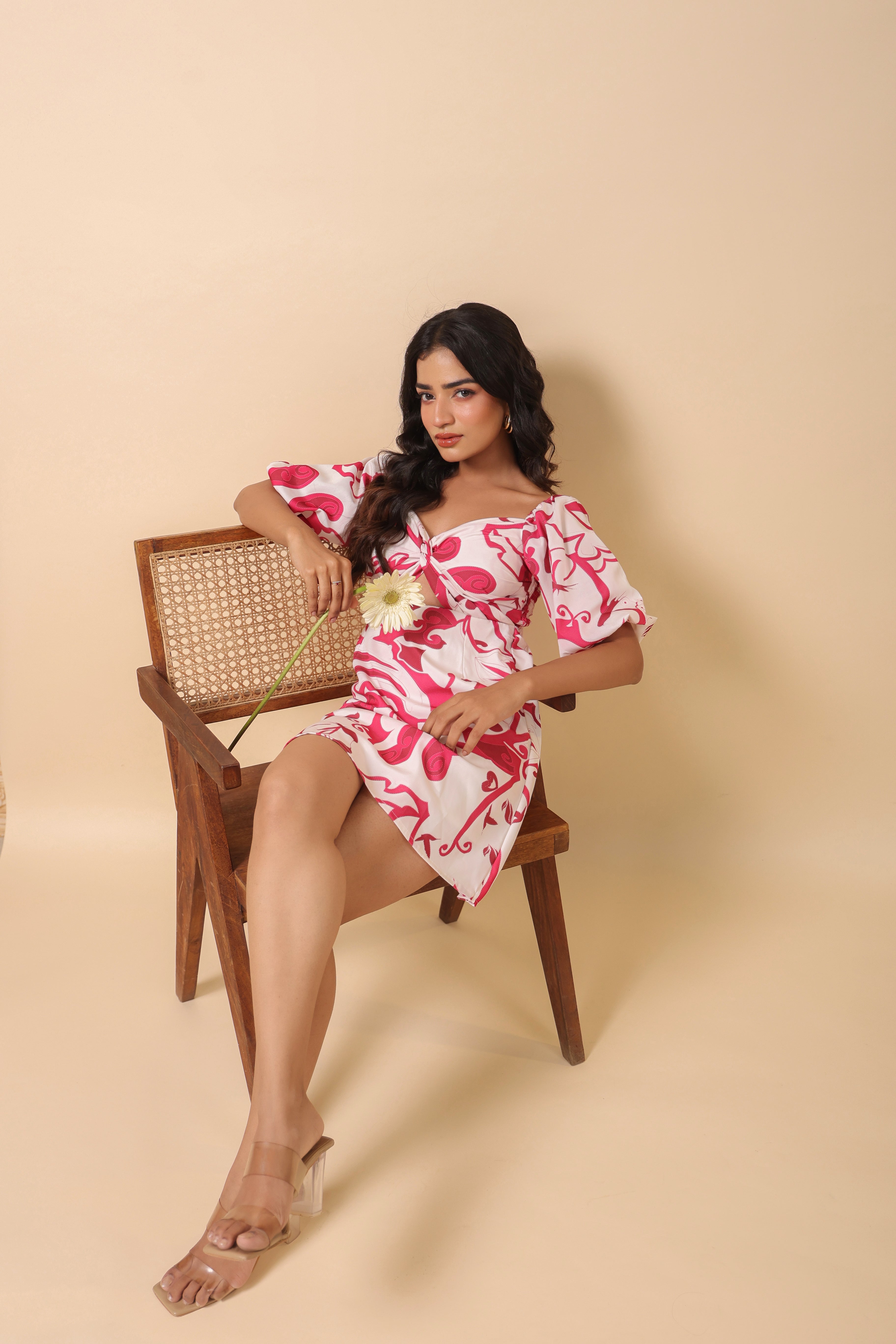 PINK AND WHITE PRINTED SHORT DRESS