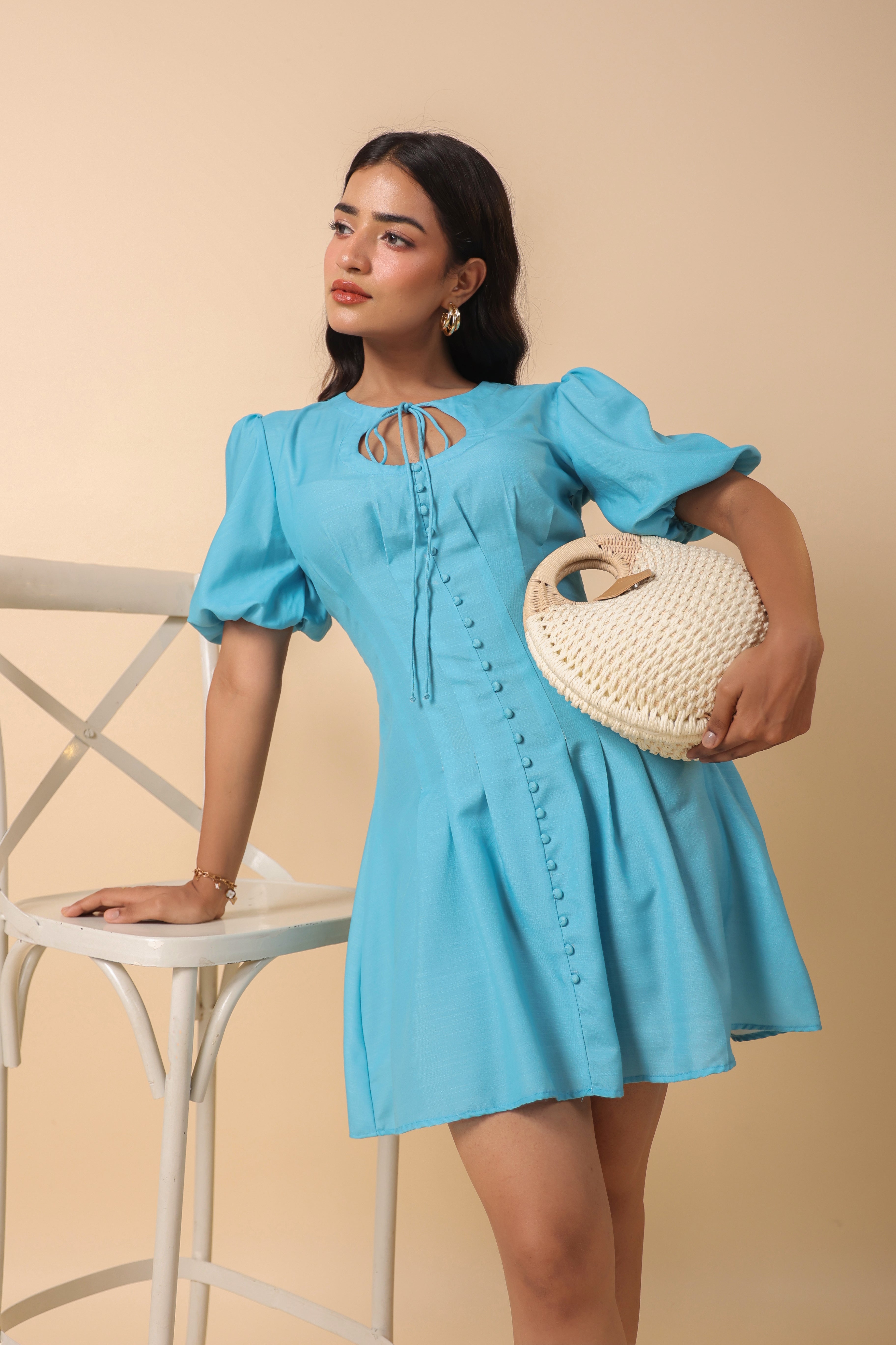 SKY BLUE OVAL NECK SHORT DRESS