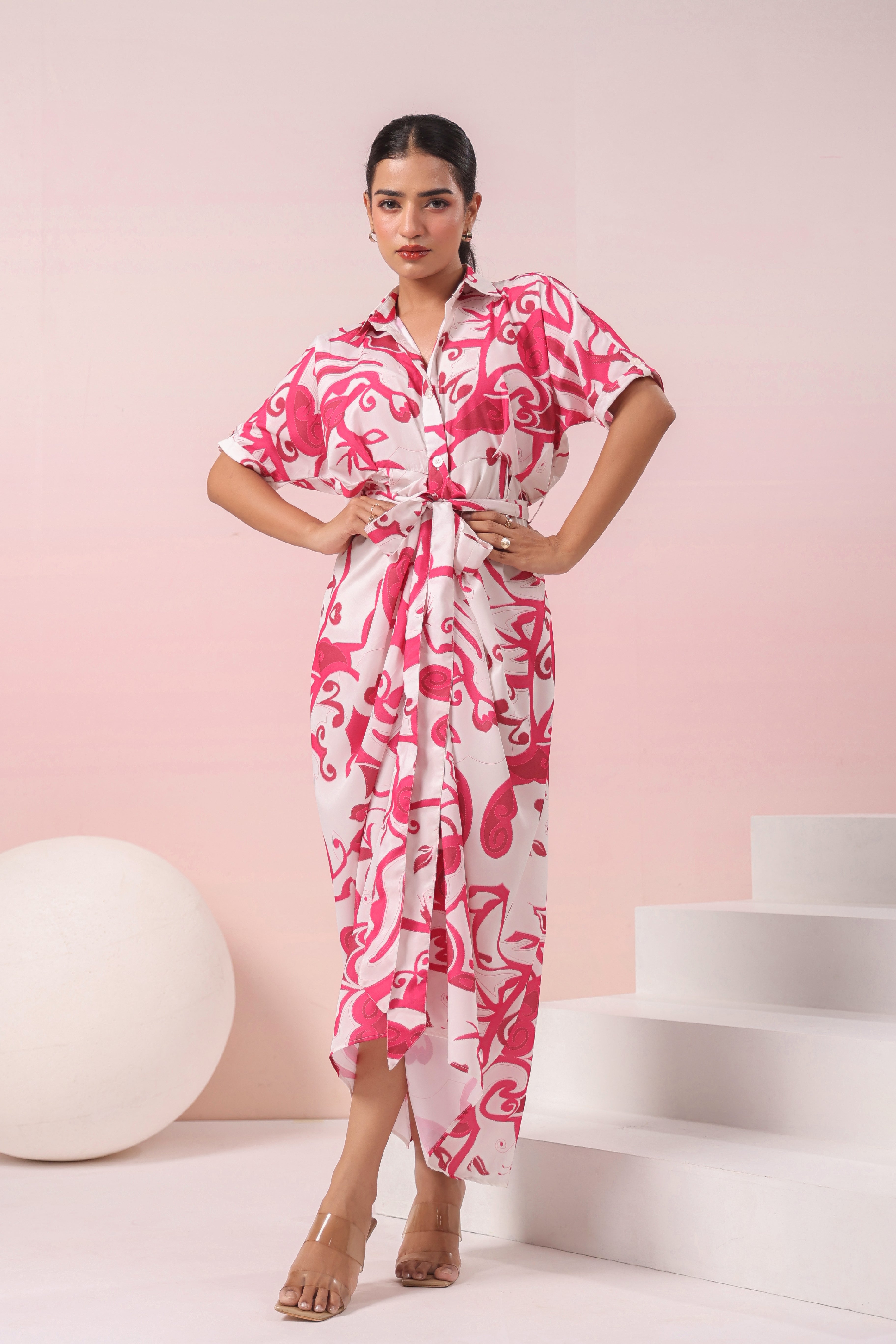 PINK AND WHITE PRINTED SHIRT MAXI DRESS