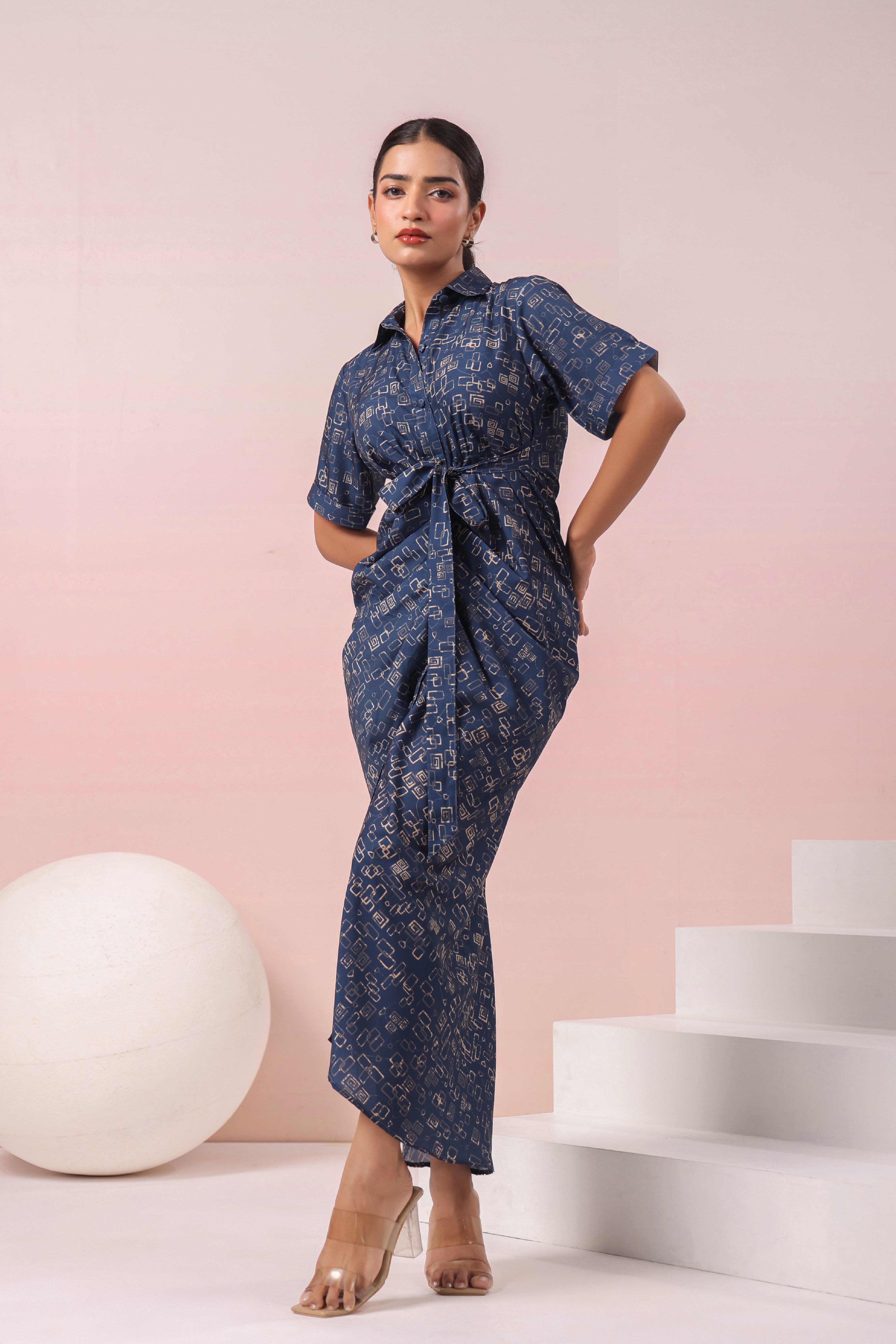 BLUE ABSTRACT PRINTED SHIRT MAXI DRESS