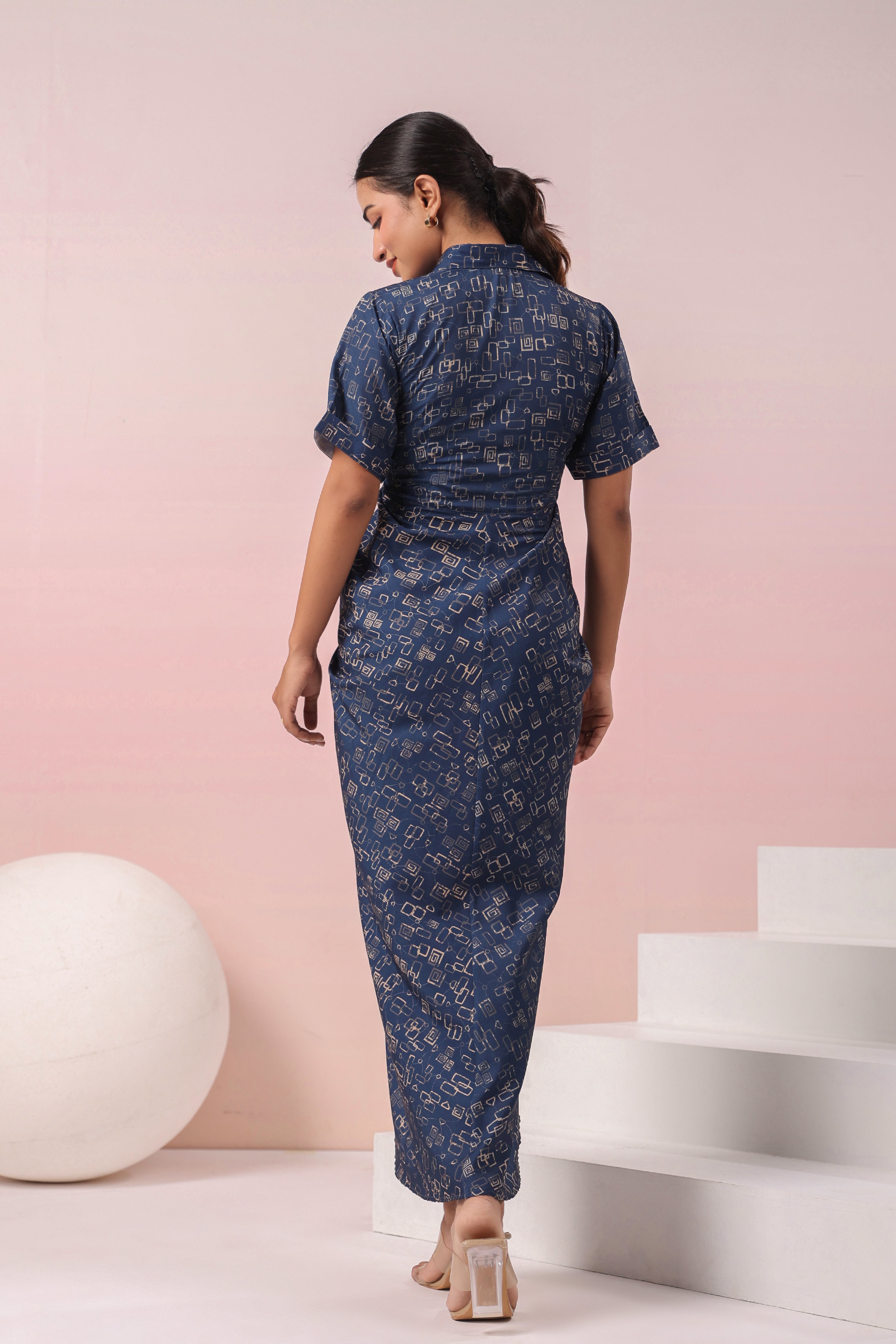 BLUE ABSTRACT PRINTED SHIRT MAXI DRESS
