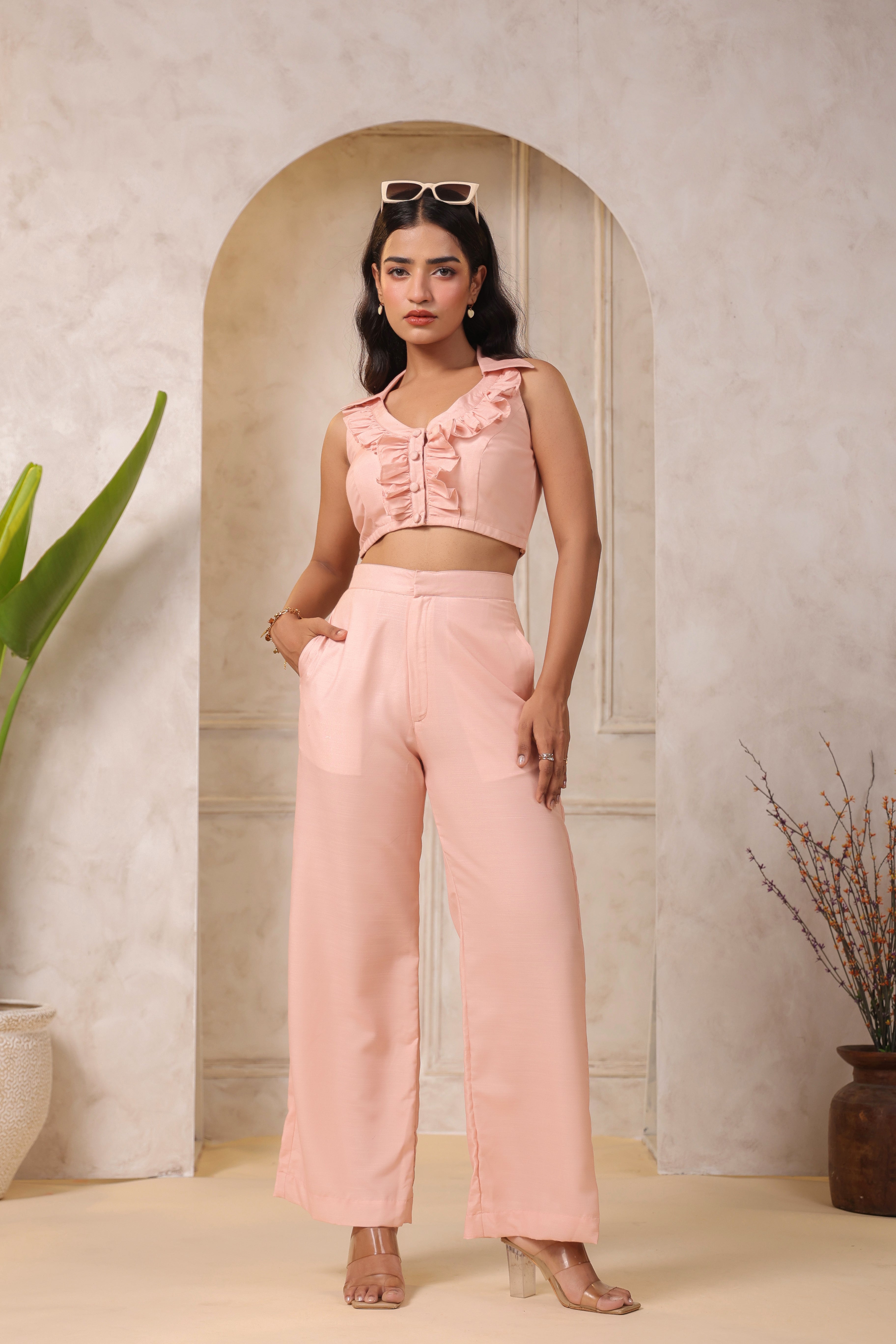 PEACH RUFFLED V-NECK CO-ORD SET