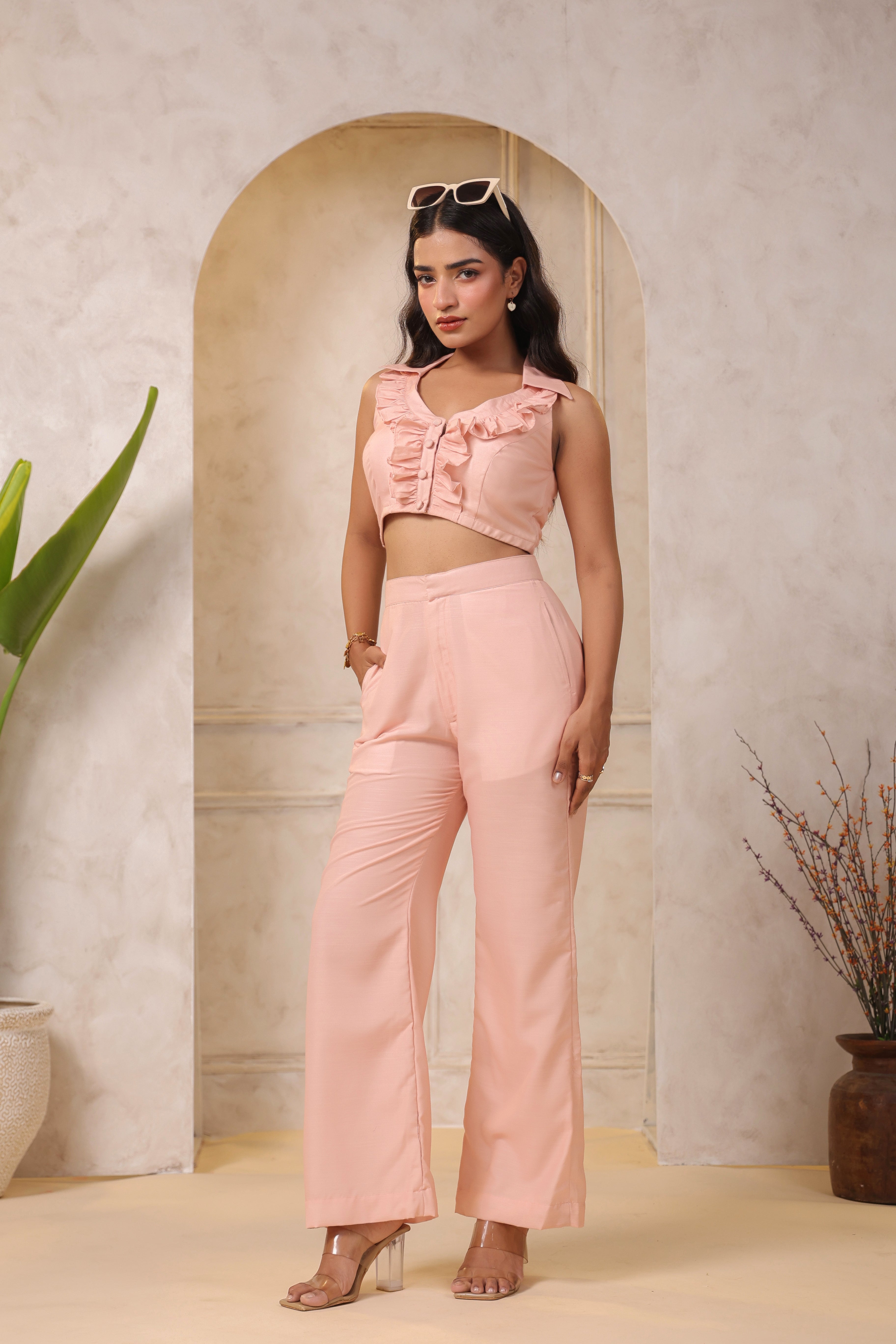 PEACH RUFFLED V-NECK CO-ORD SET