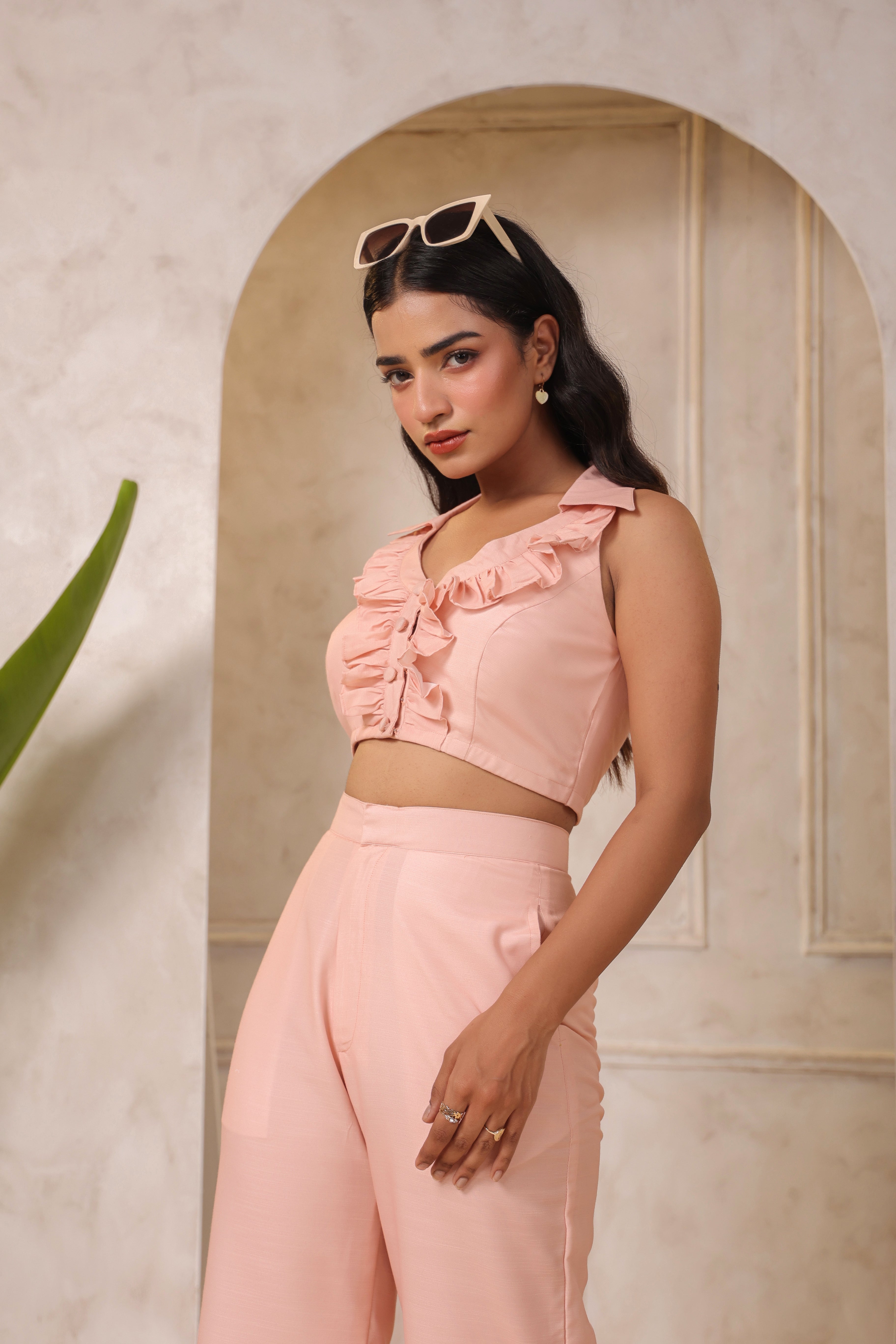 PEACH RUFFLED V-NECK CO-ORD SET