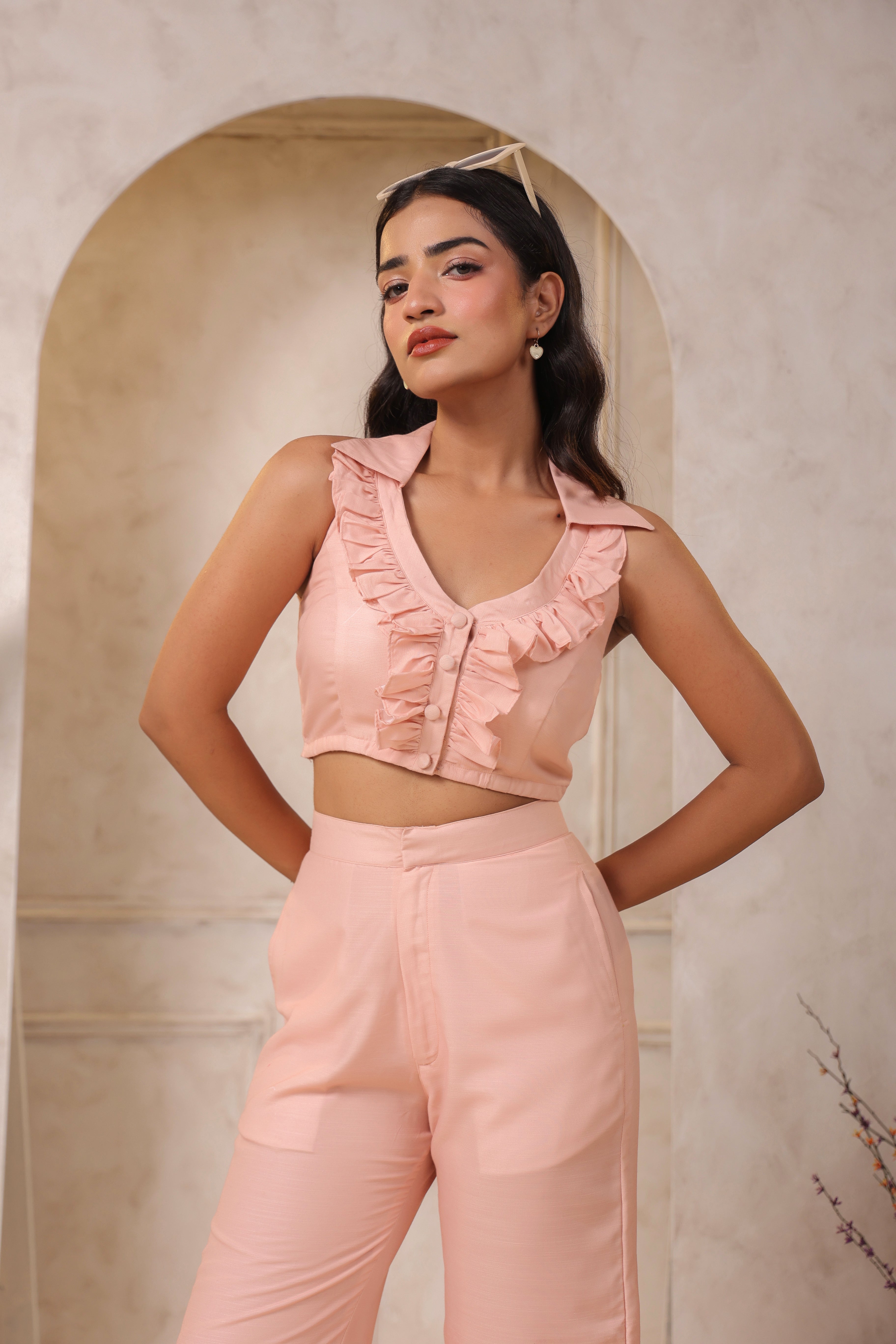 PEACH RUFFLED V-NECK CO-ORD SET