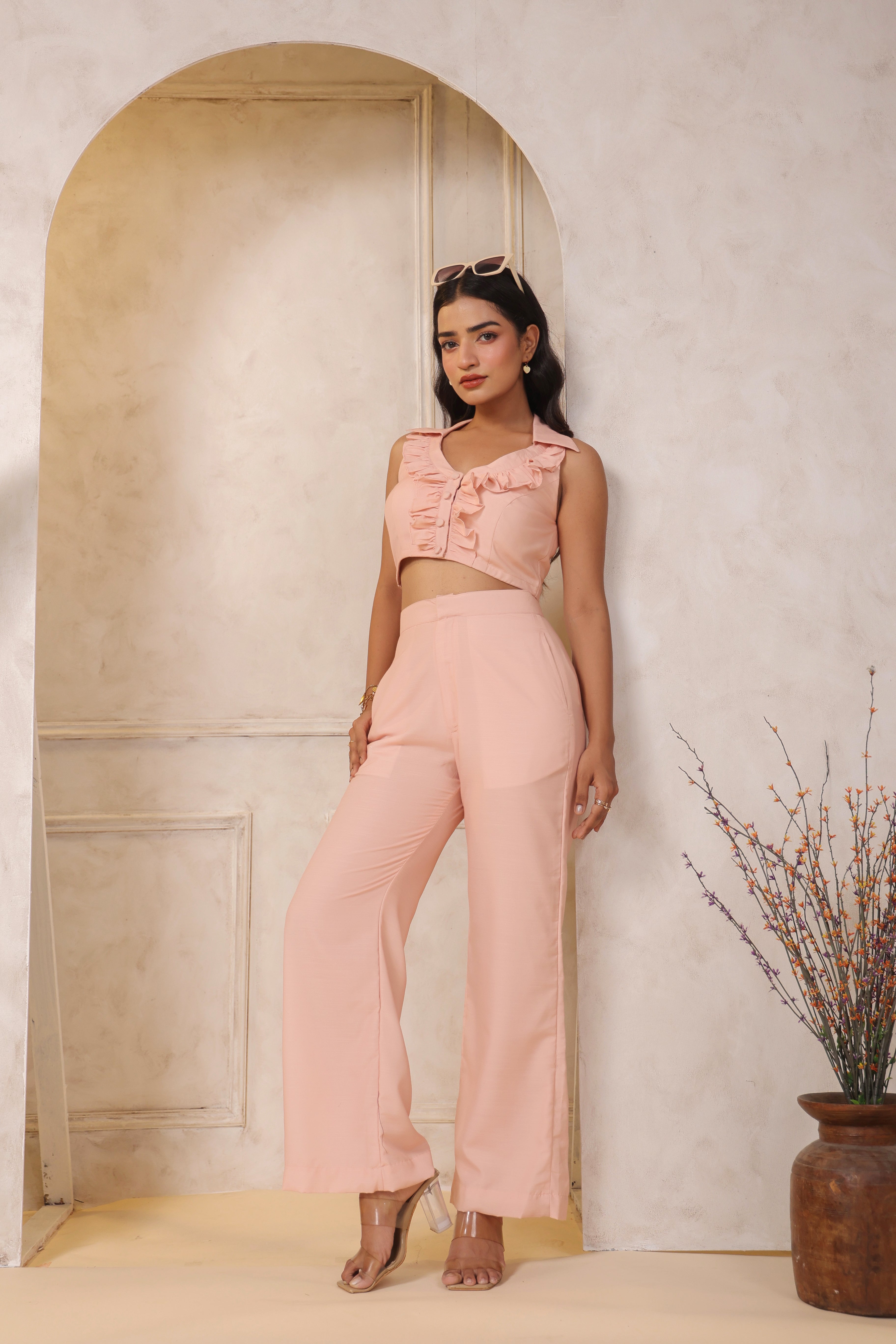 PEACH RUFFLED V-NECK CO-ORD SET