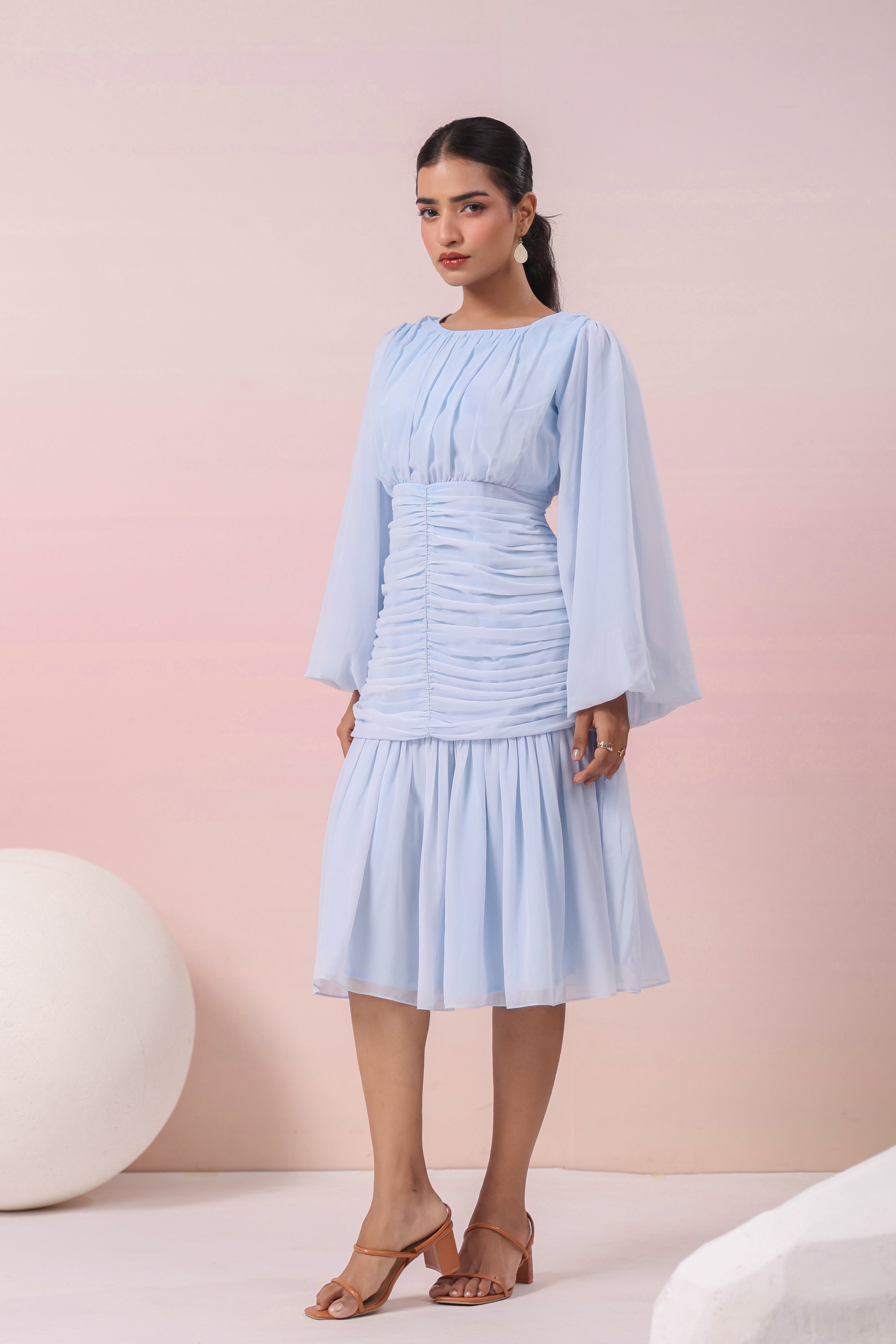 POWDER BLUE PLEATED RUFFLED DRESS