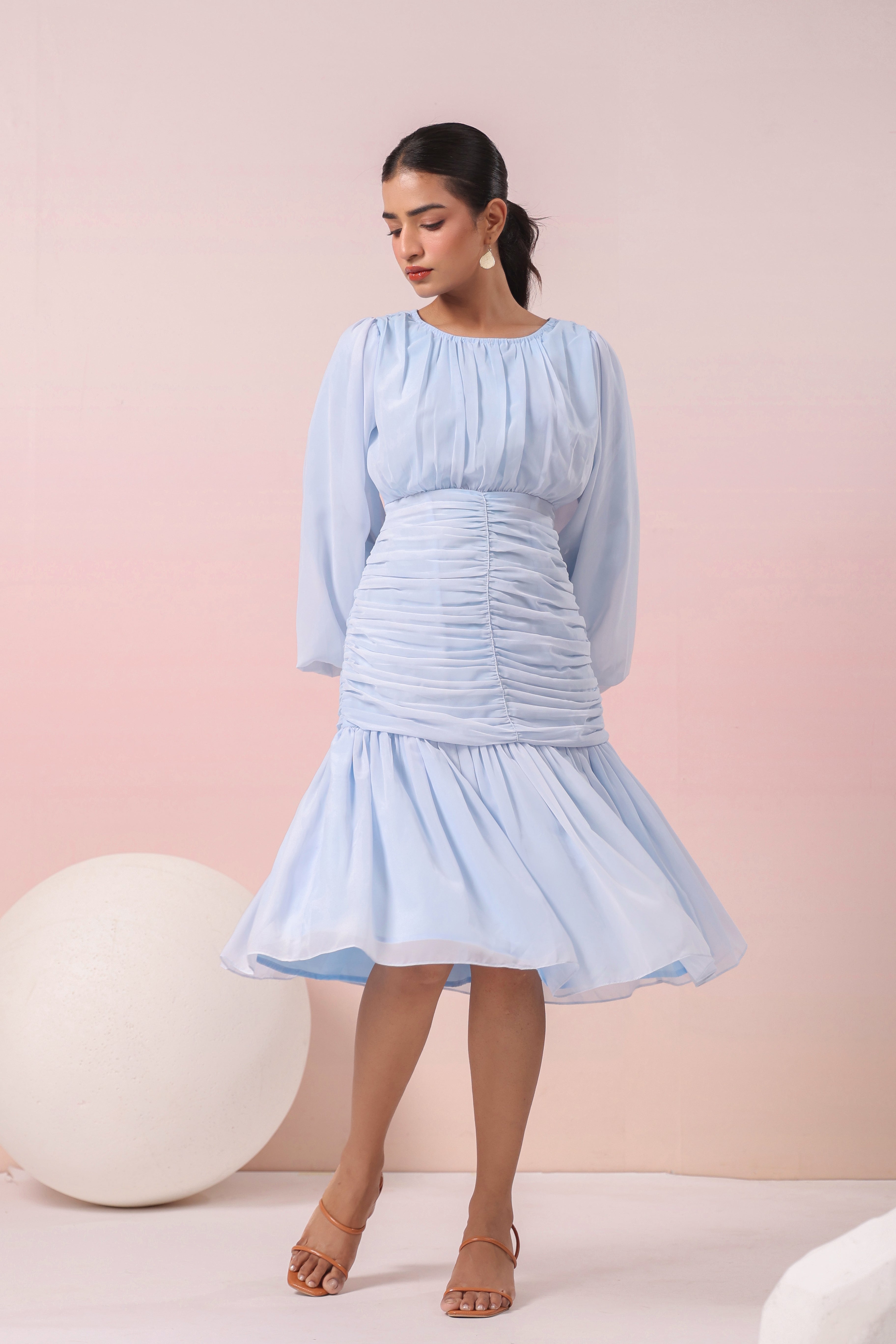 POWDER BLUE PLEATED RUFFLED DRESS