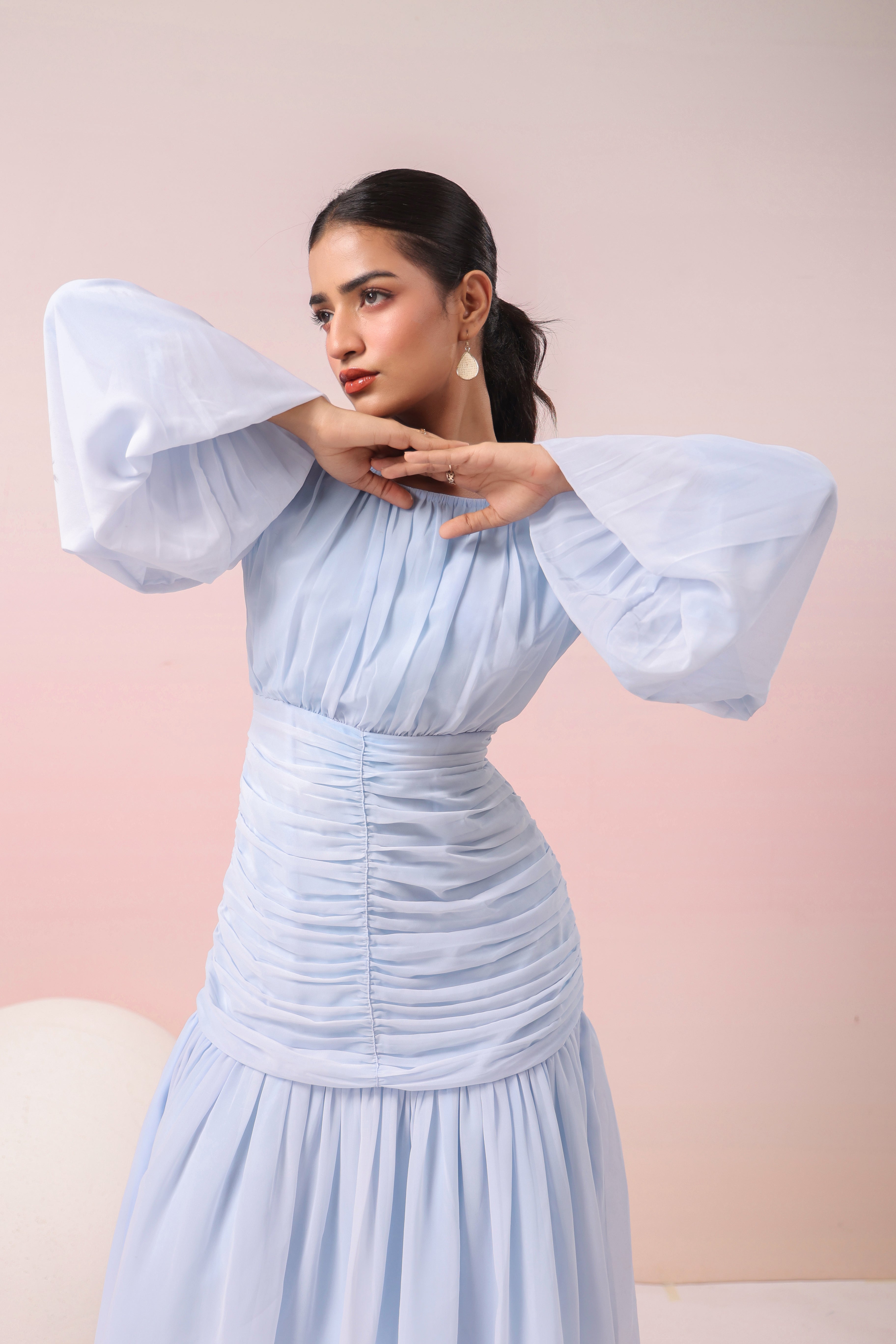 POWDER BLUE PLEATED RUFFLED DRESS