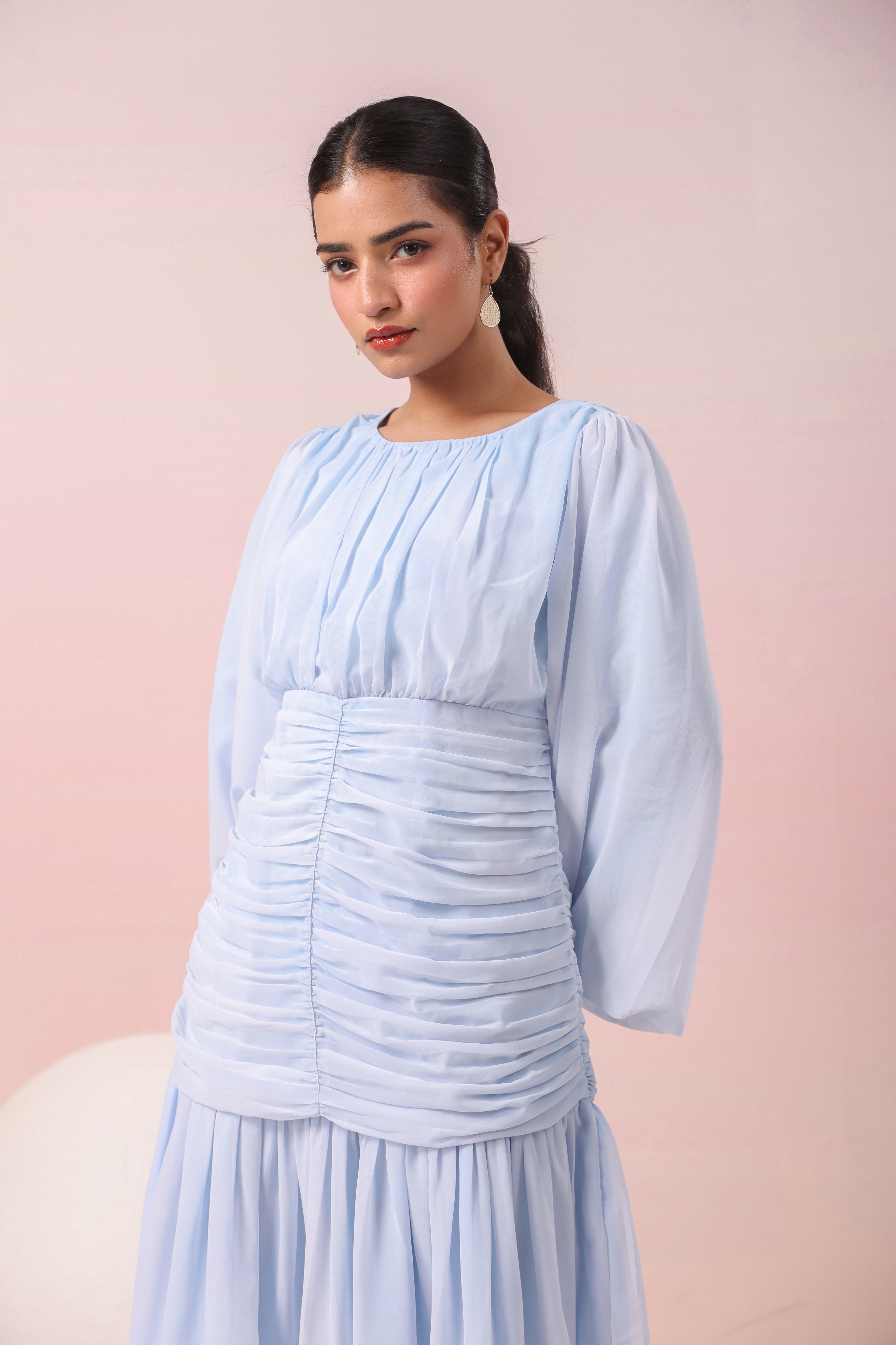 POWDER BLUE PLEATED RUFFLED DRESS