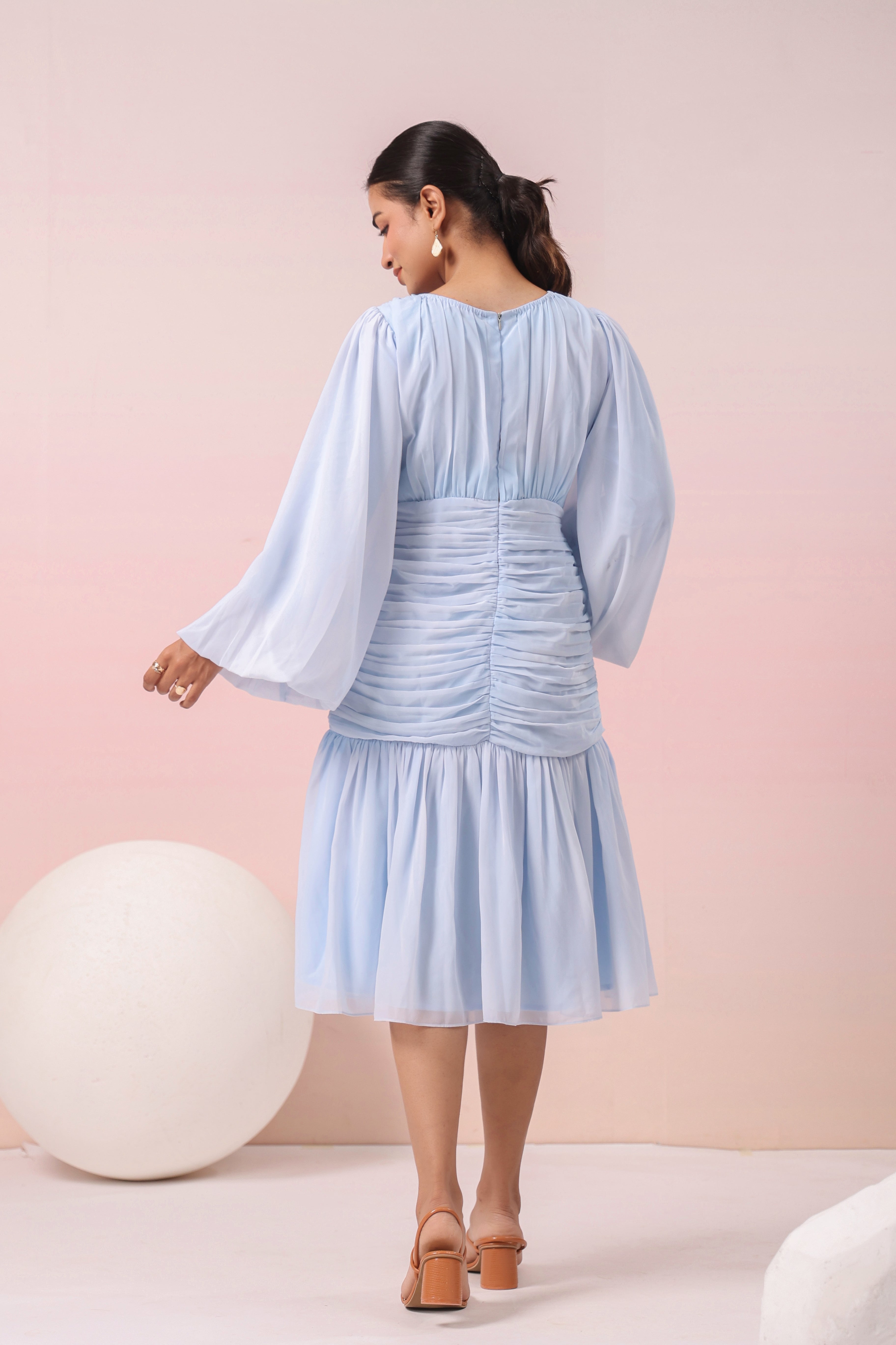 POWDER BLUE PLEATED RUFFLED DRESS