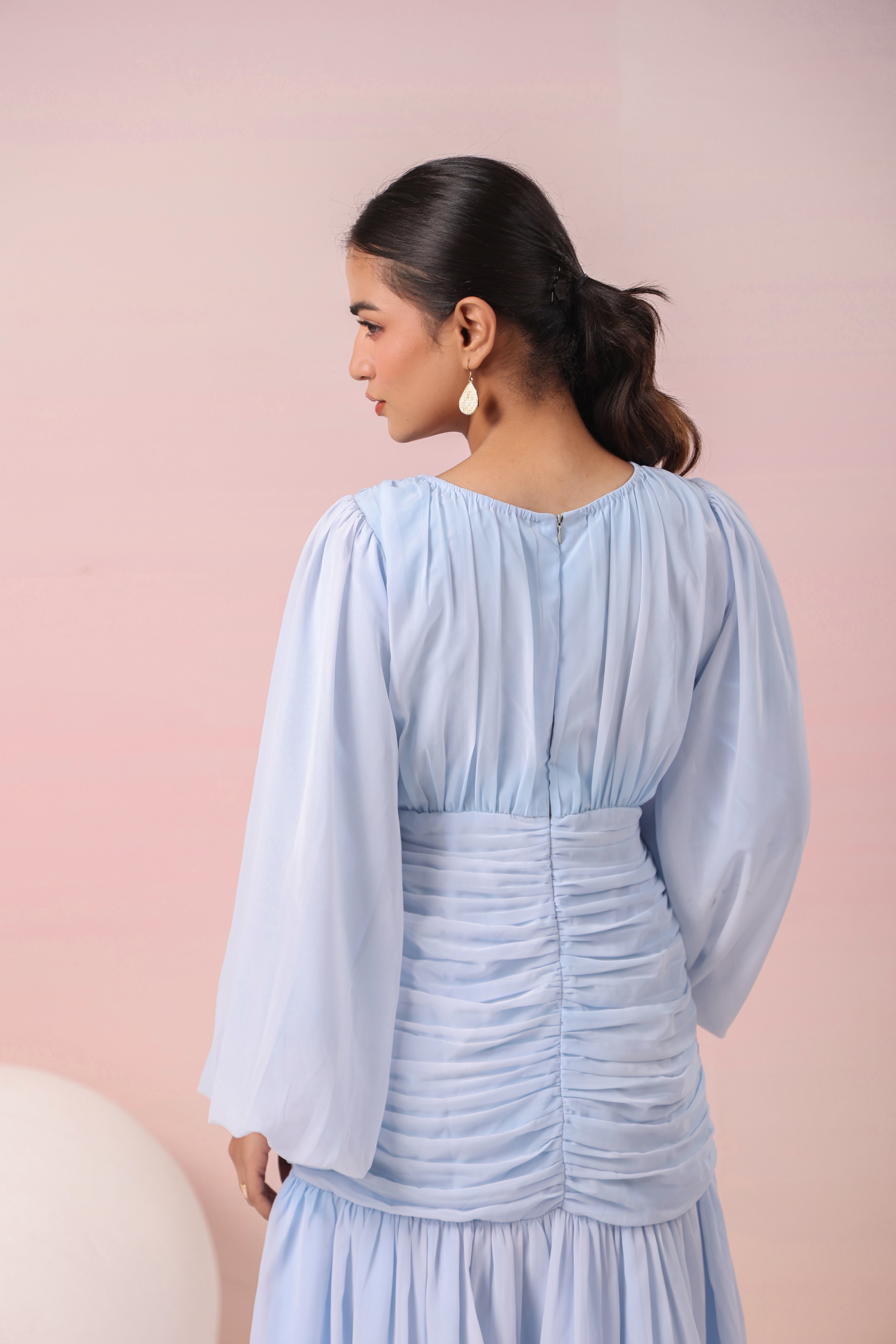 POWDER BLUE PLEATED RUFFLED DRESS