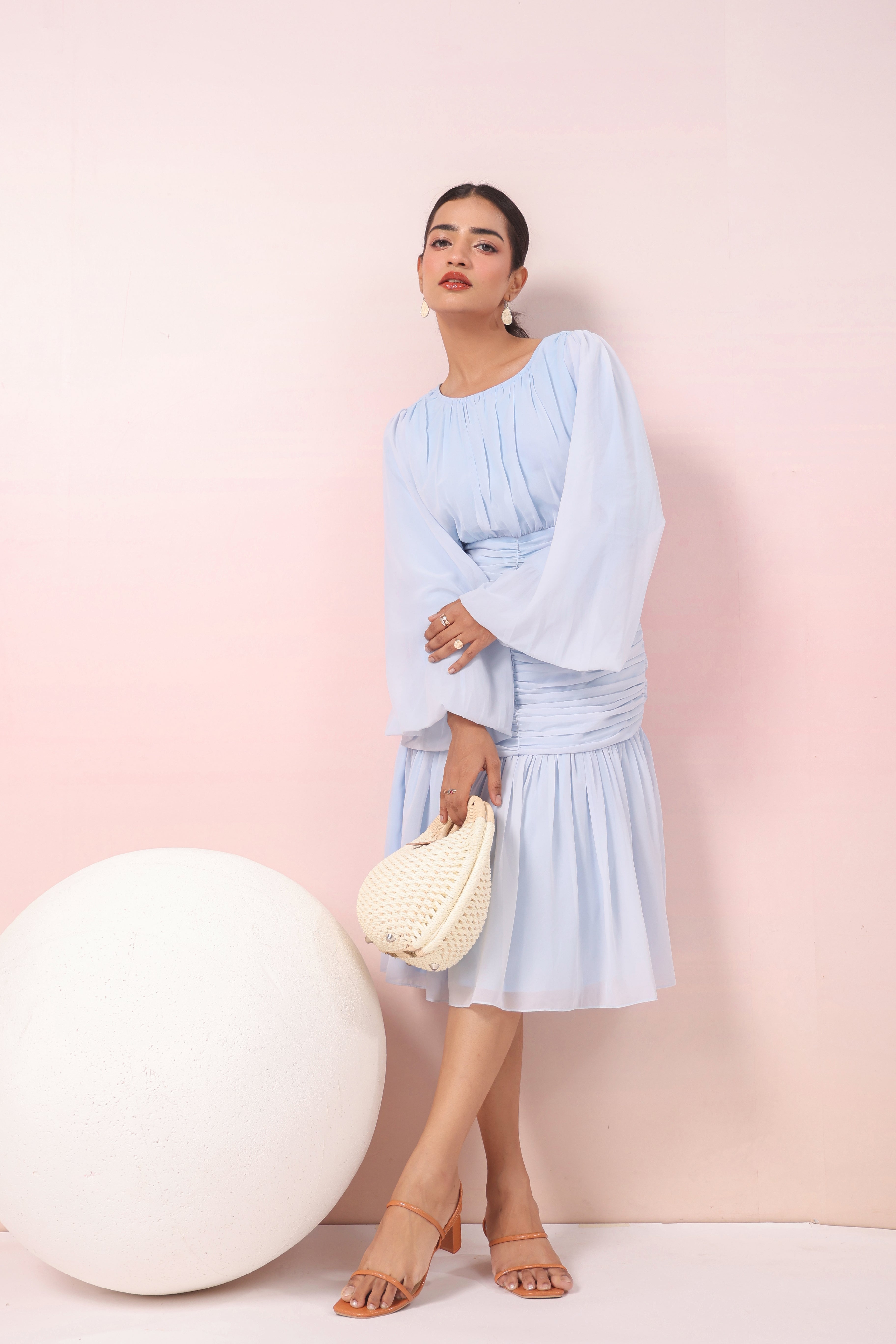 POWDER BLUE PLEATED RUFFLED DRESS