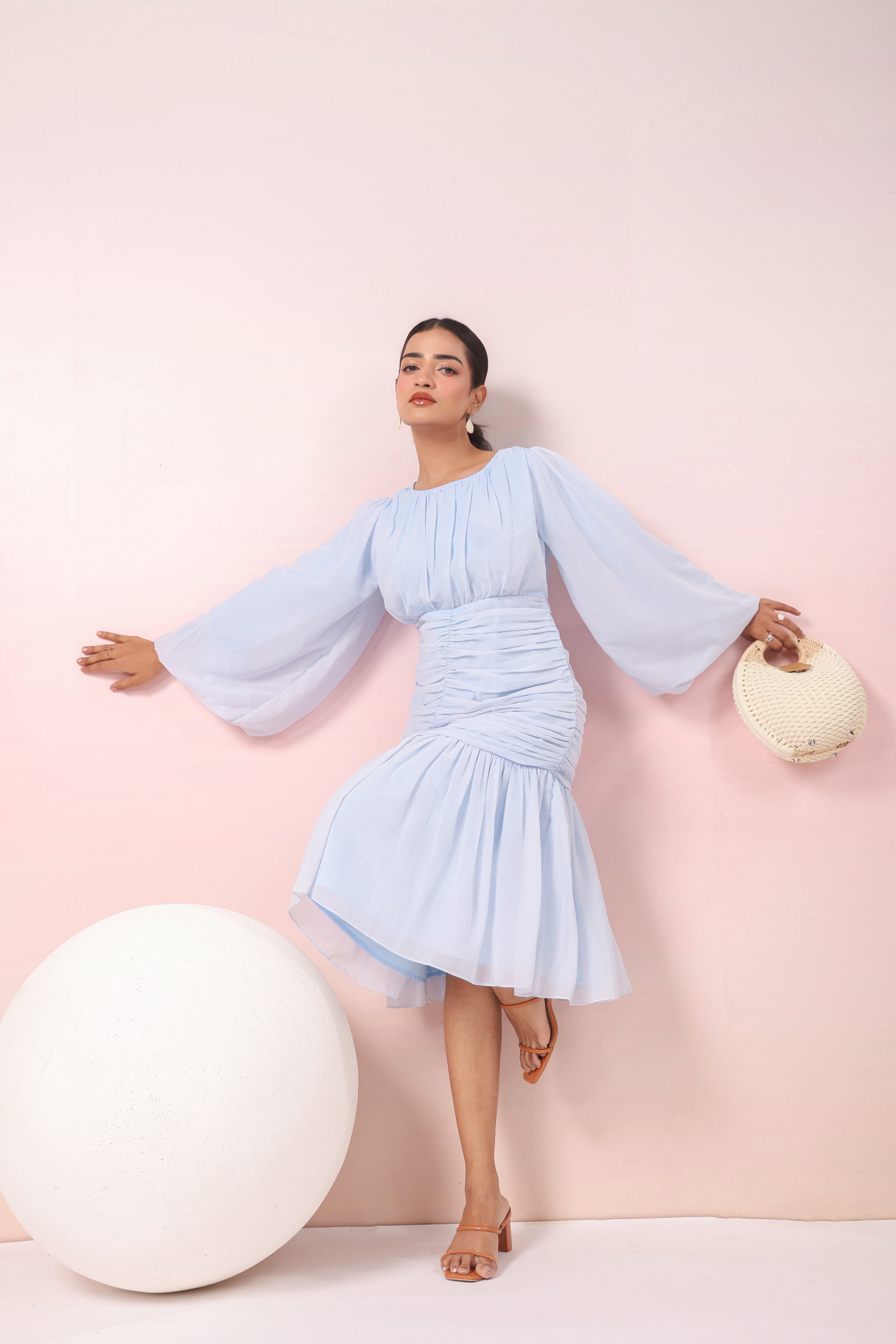 POWDER BLUE PLEATED RUFFLED DRESS