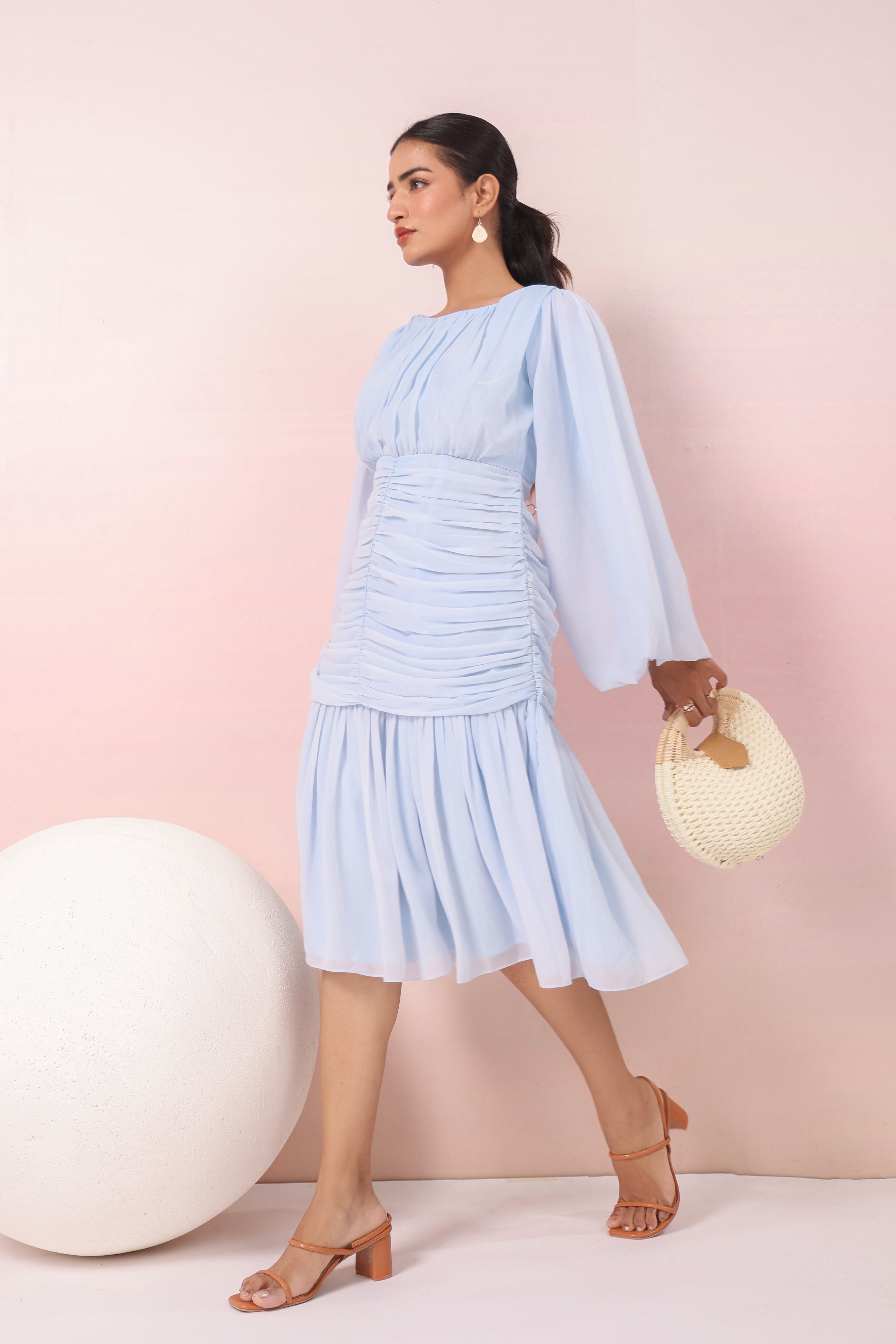 POWDER BLUE PLEATED RUFFLED DRESS