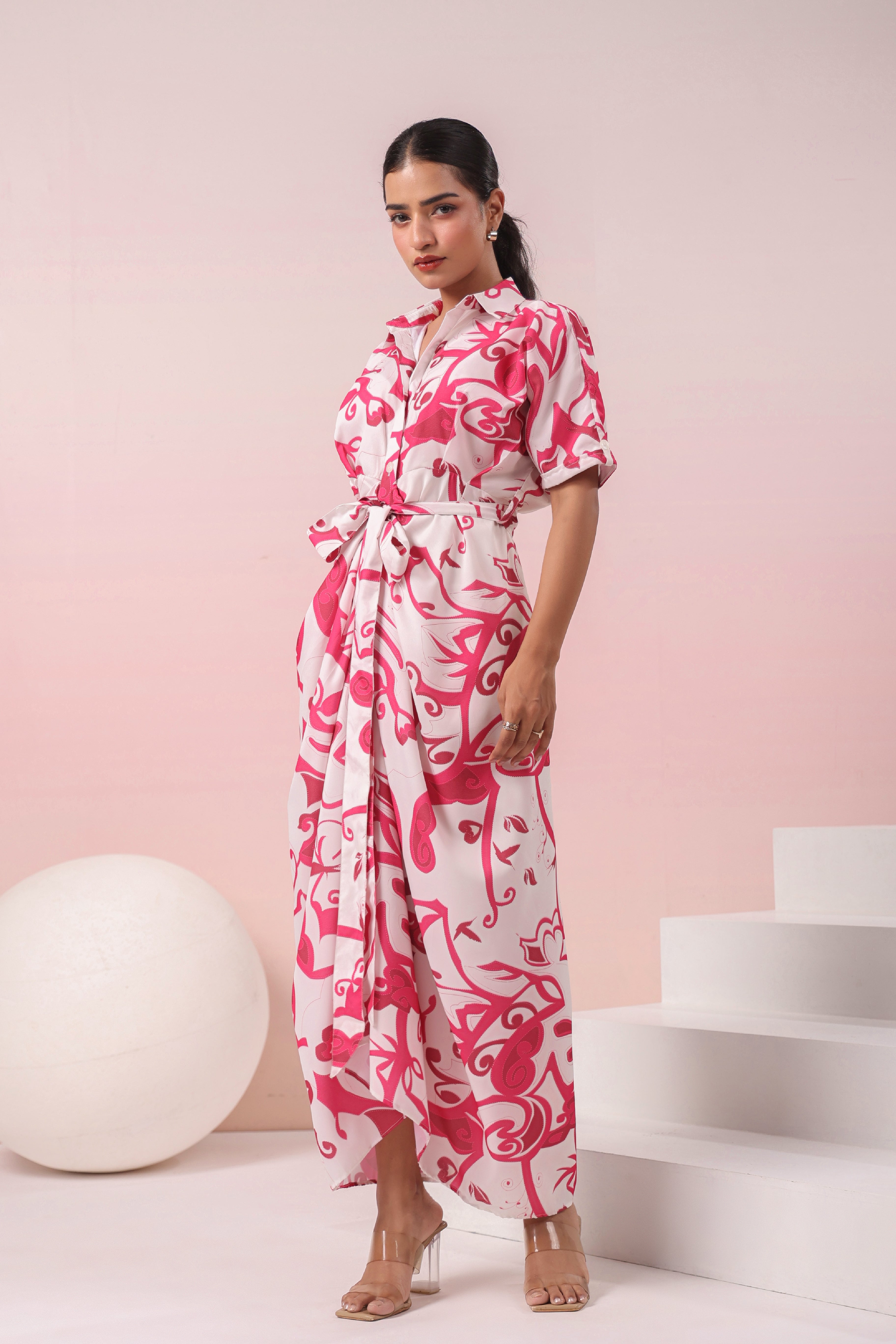 PINK AND WHITE PRINTED SHIRT MAXI DRESS