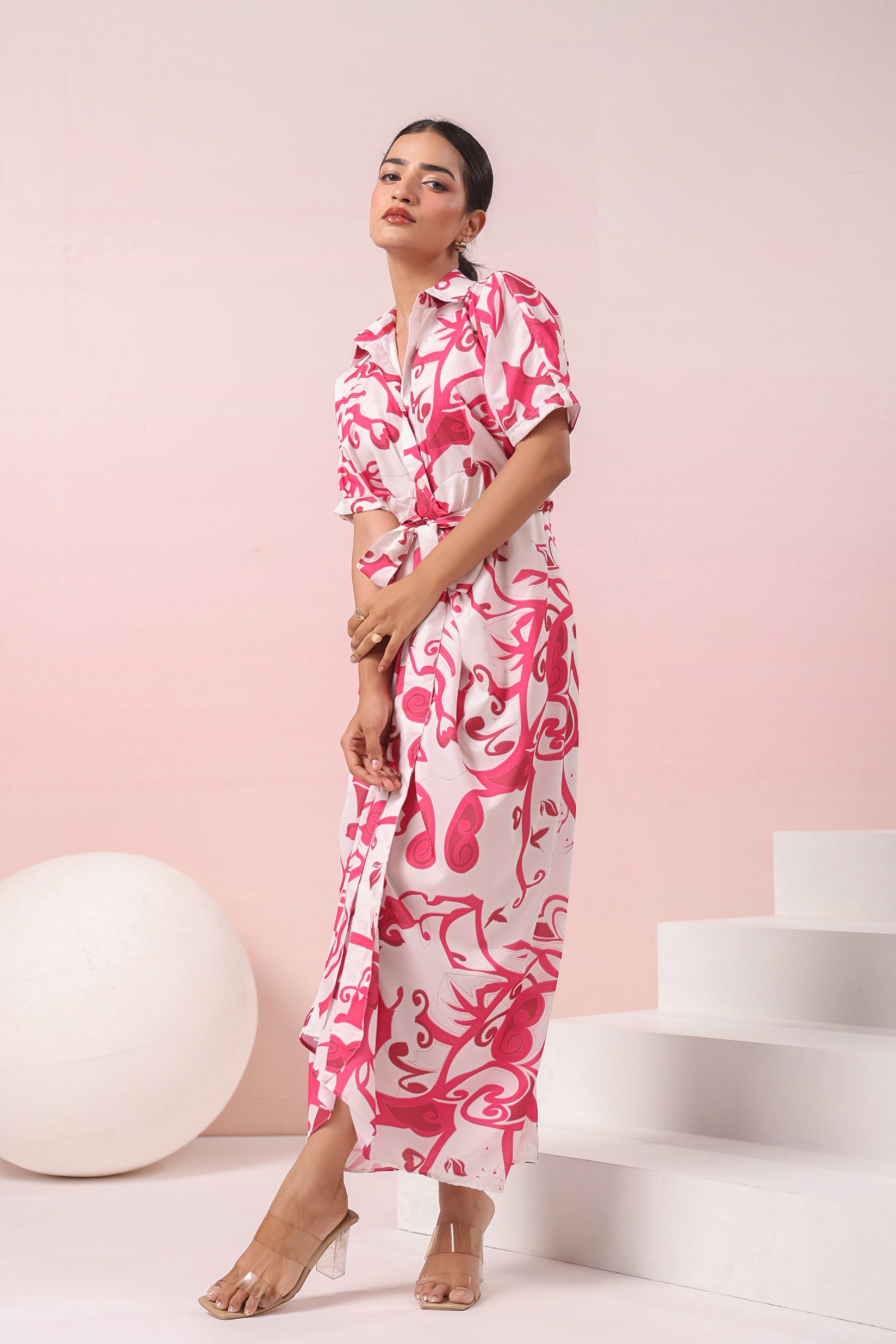 PINK AND WHITE PRINTED SHIRT MAXI DRESS