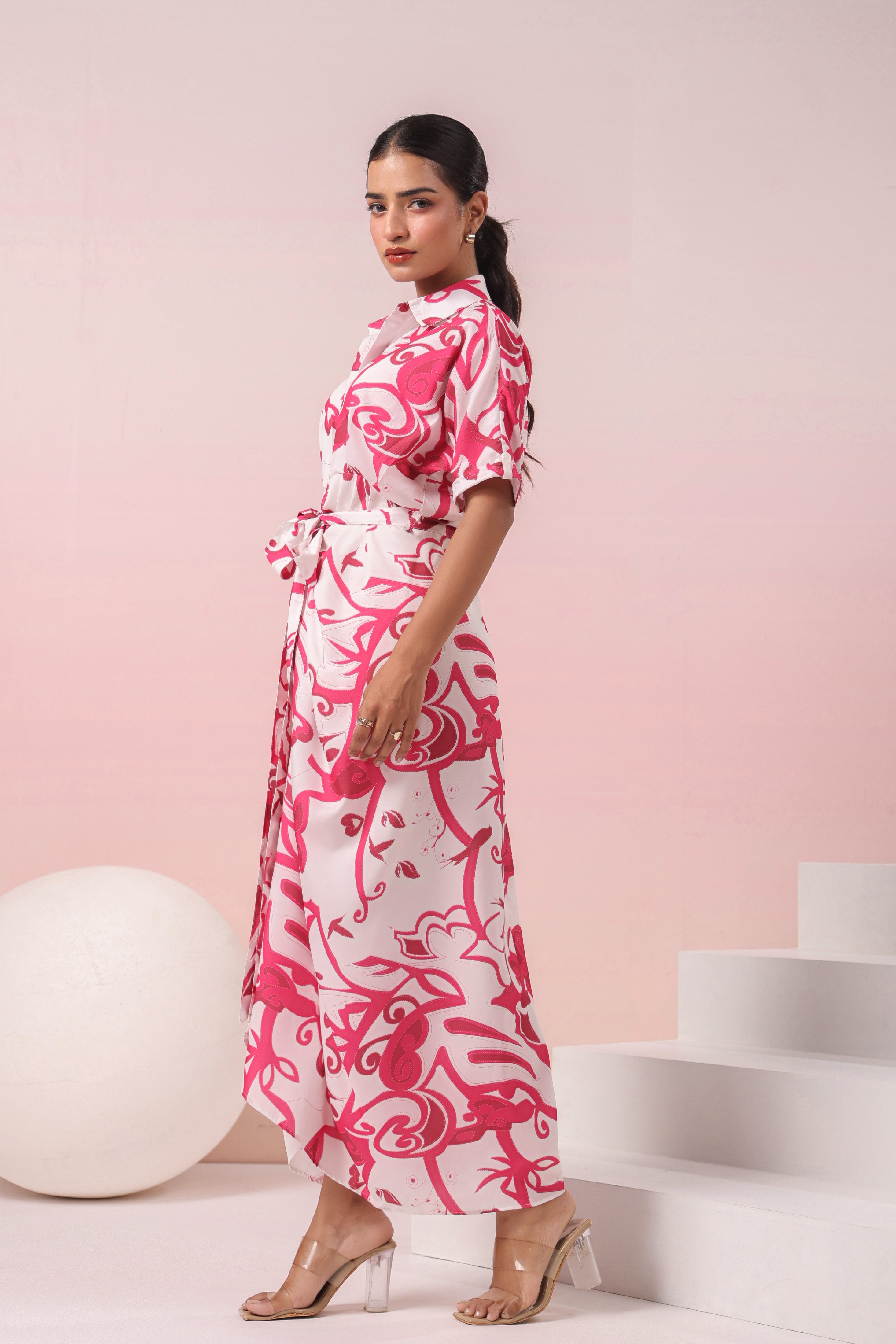 PINK AND WHITE PRINTED SHIRT MAXI DRESS