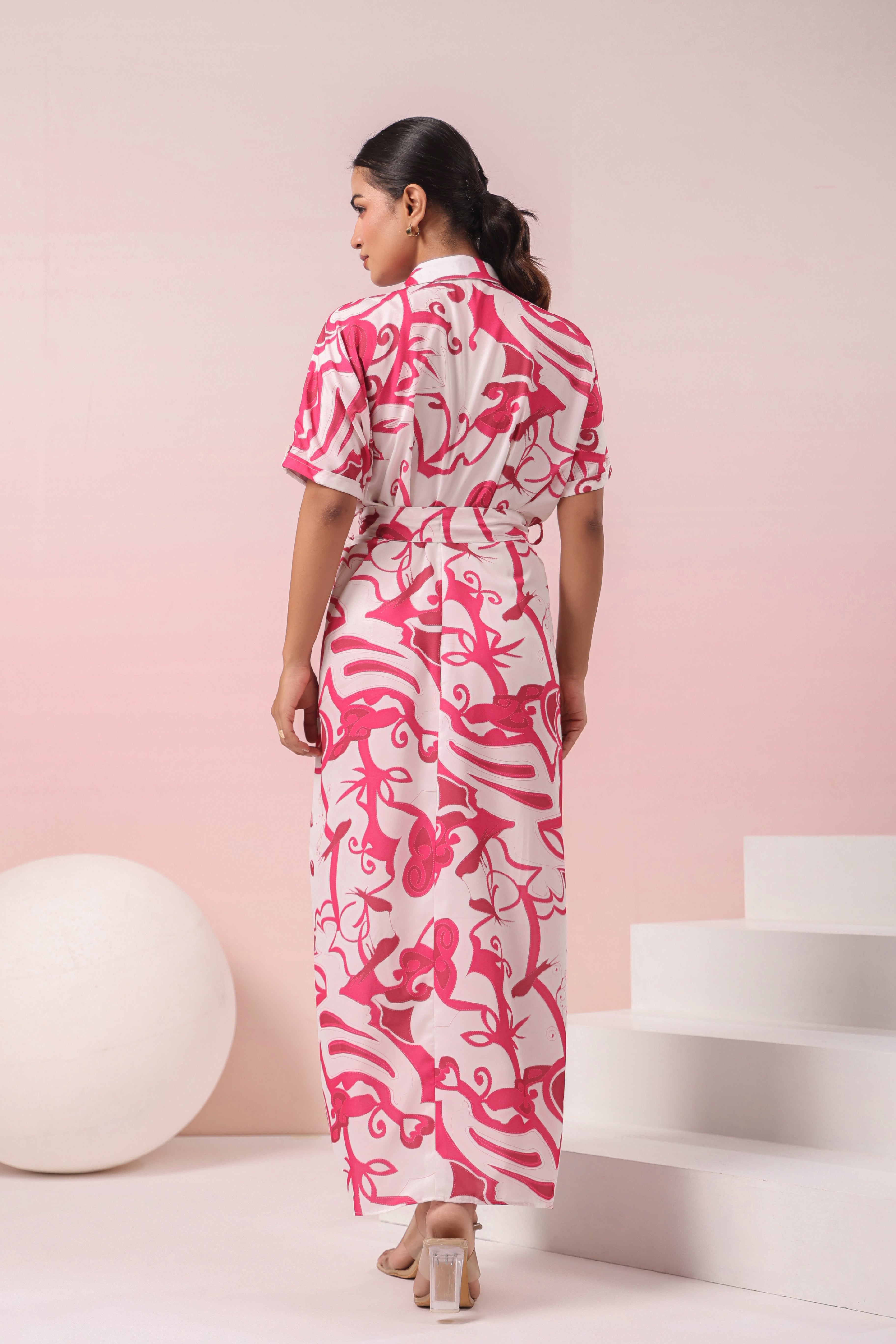 PINK AND WHITE PRINTED SHIRT MAXI DRESS