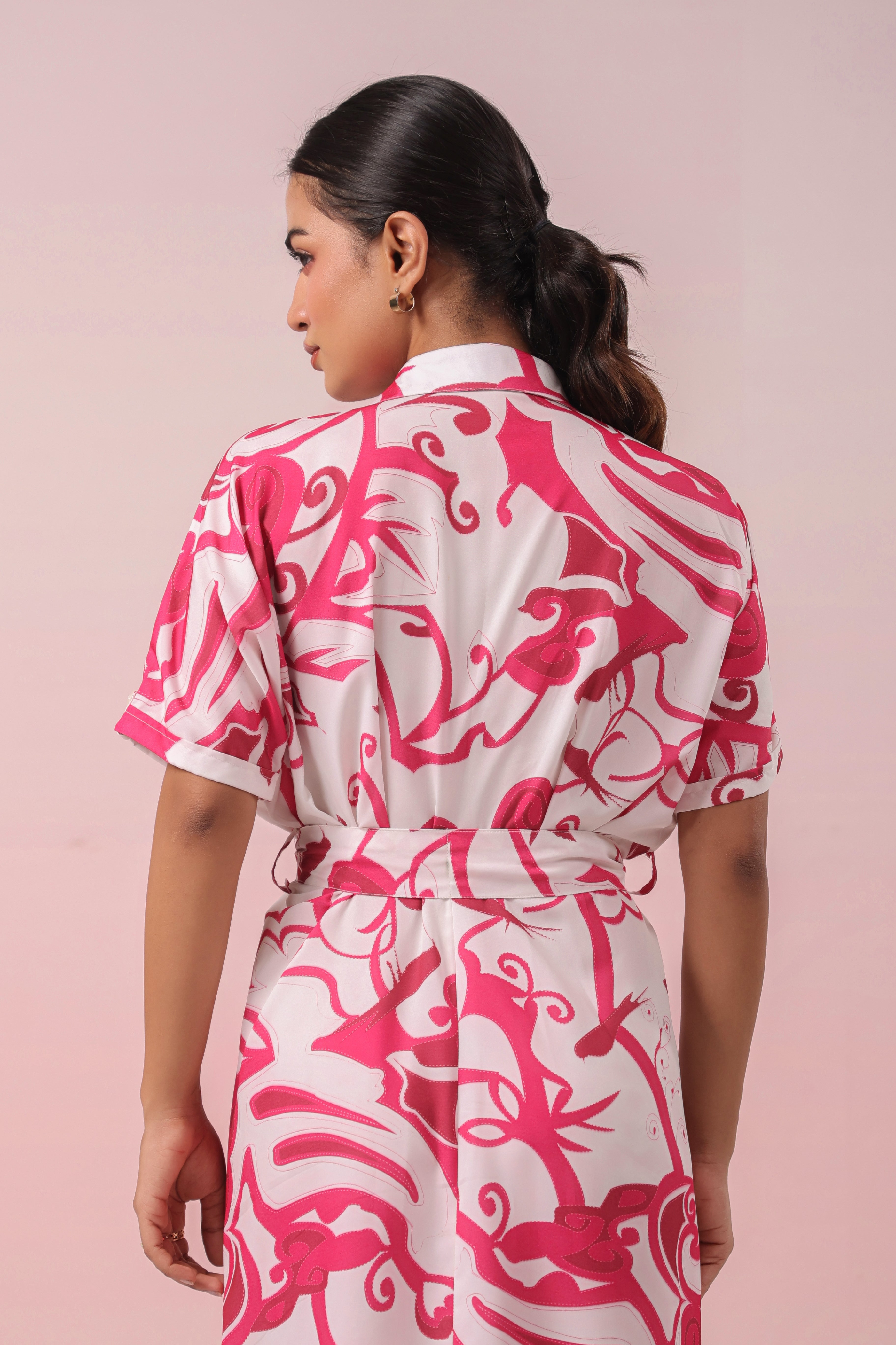 PINK AND WHITE PRINTED SHIRT MAXI DRESS