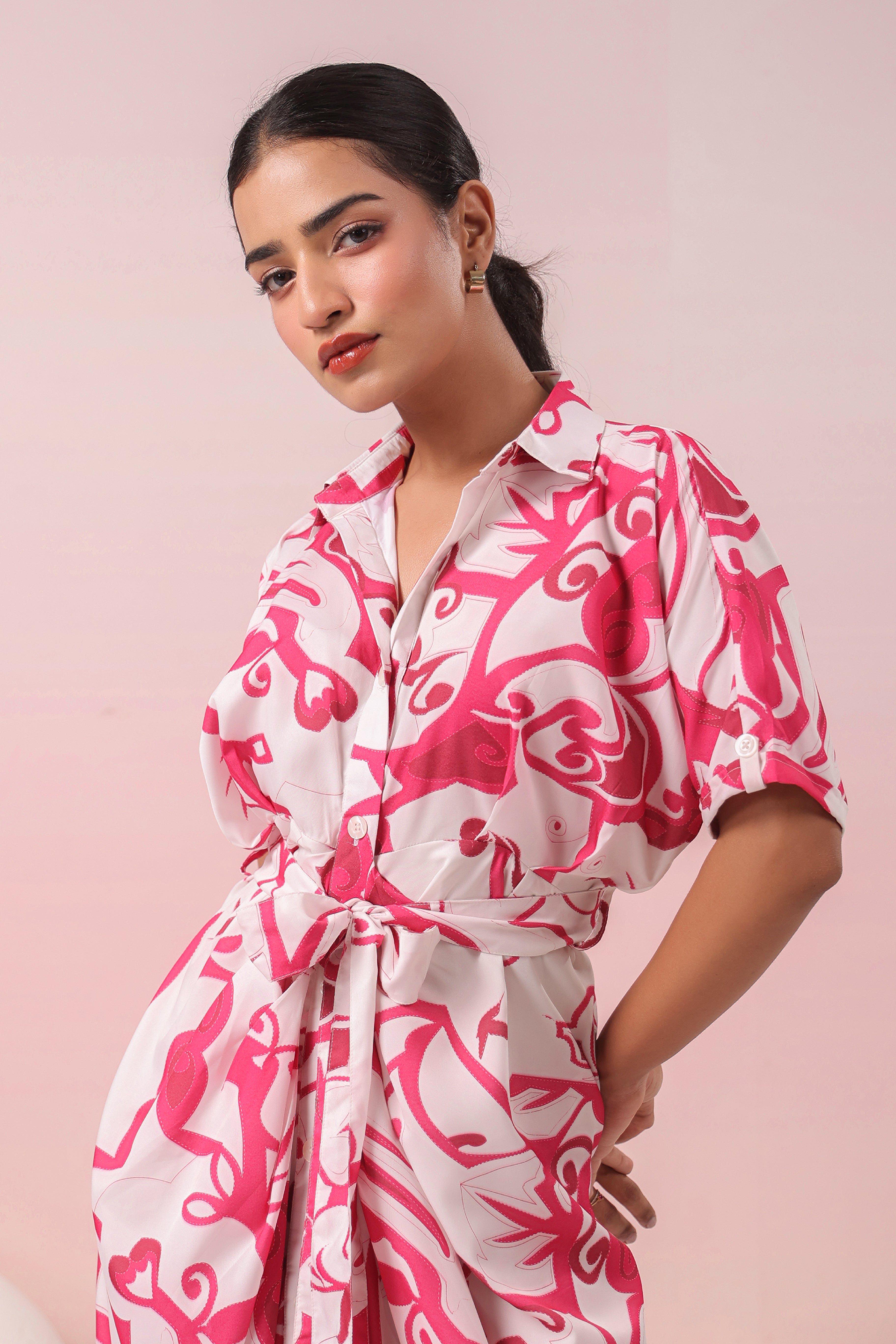 PINK AND WHITE PRINTED SHIRT MAXI DRESS