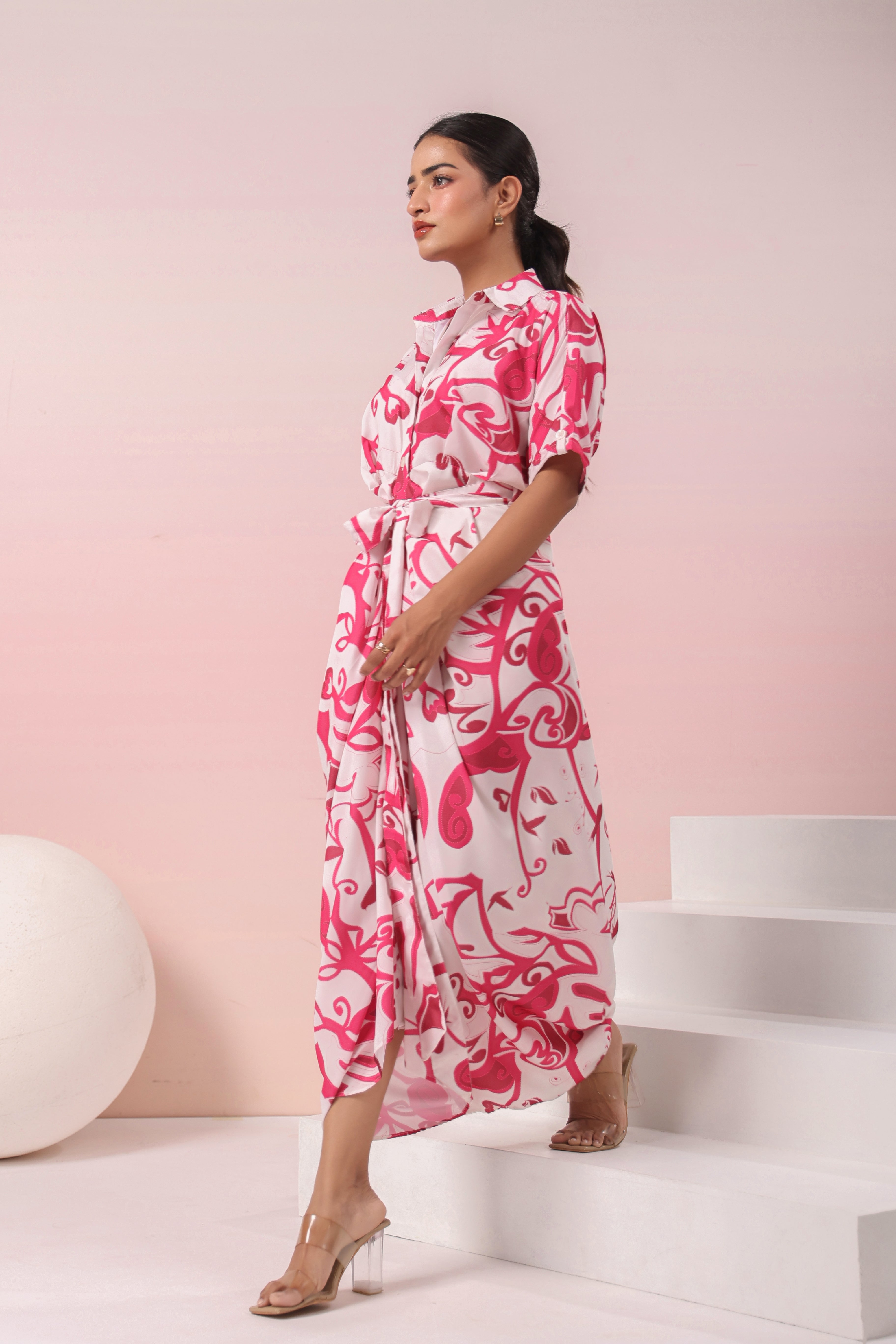 PINK AND WHITE PRINTED SHIRT MAXI DRESS