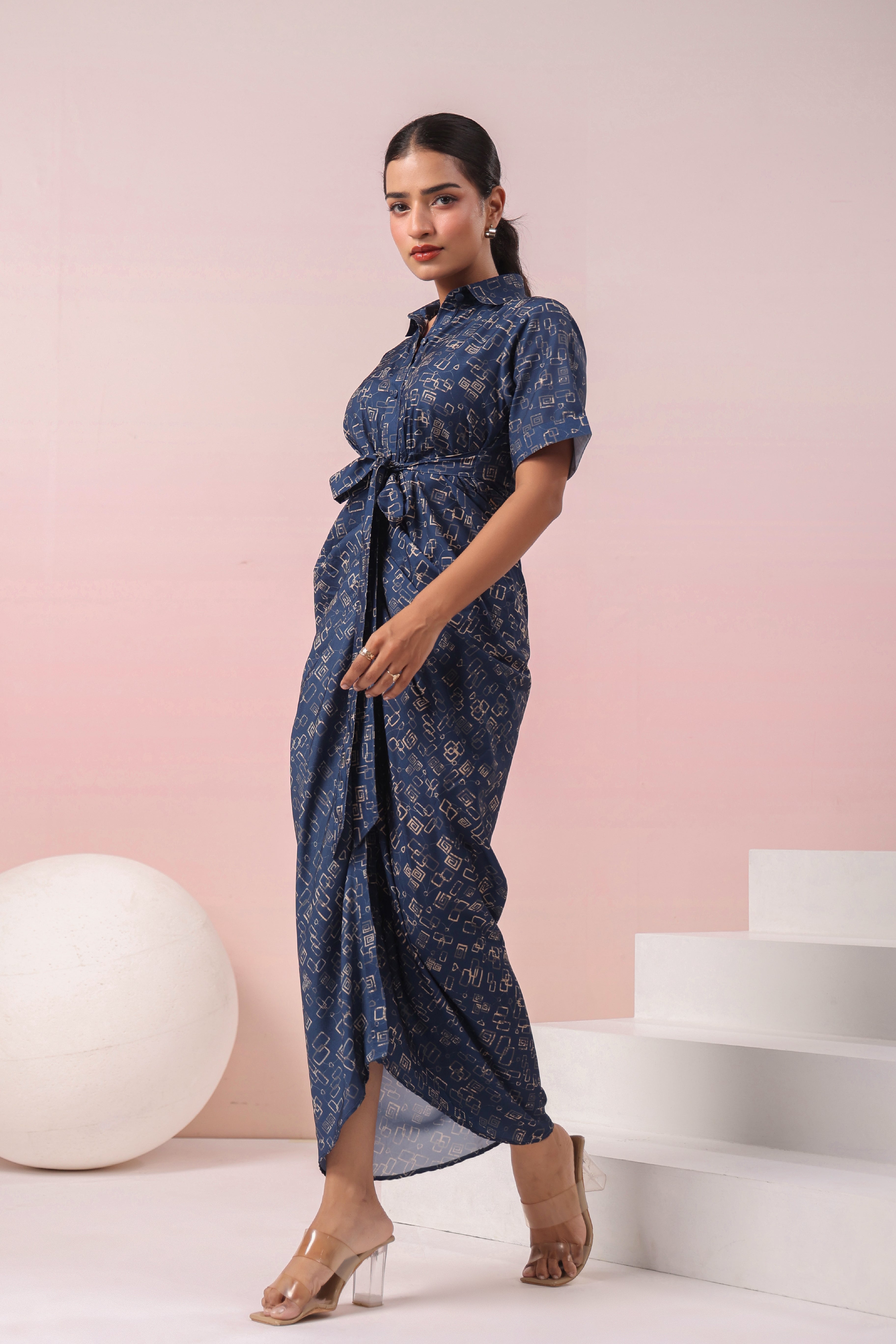 BLUE ABSTRACT PRINTED SHIRT MAXI DRESS