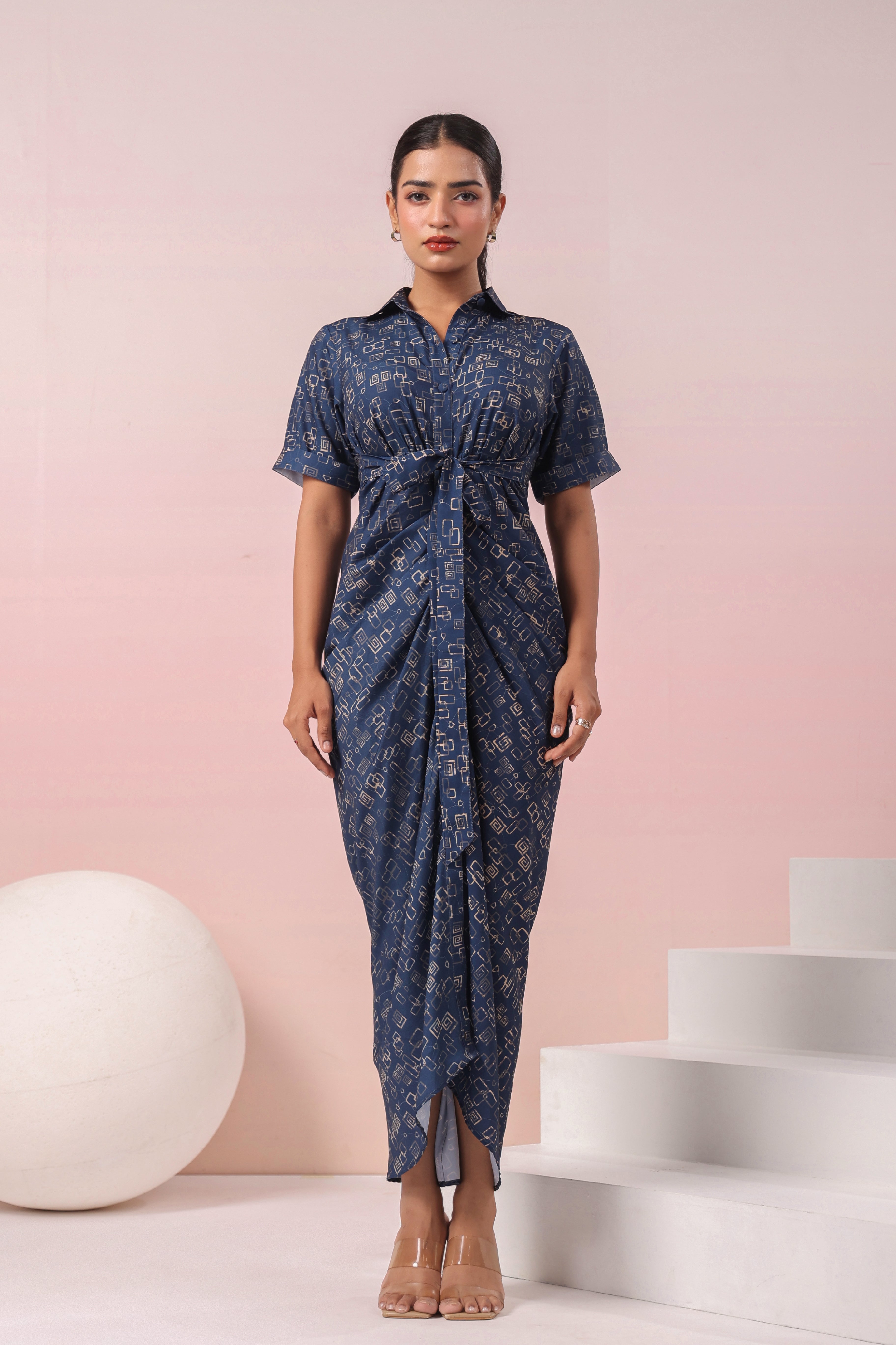 BLUE ABSTRACT PRINTED SHIRT MAXI DRESS