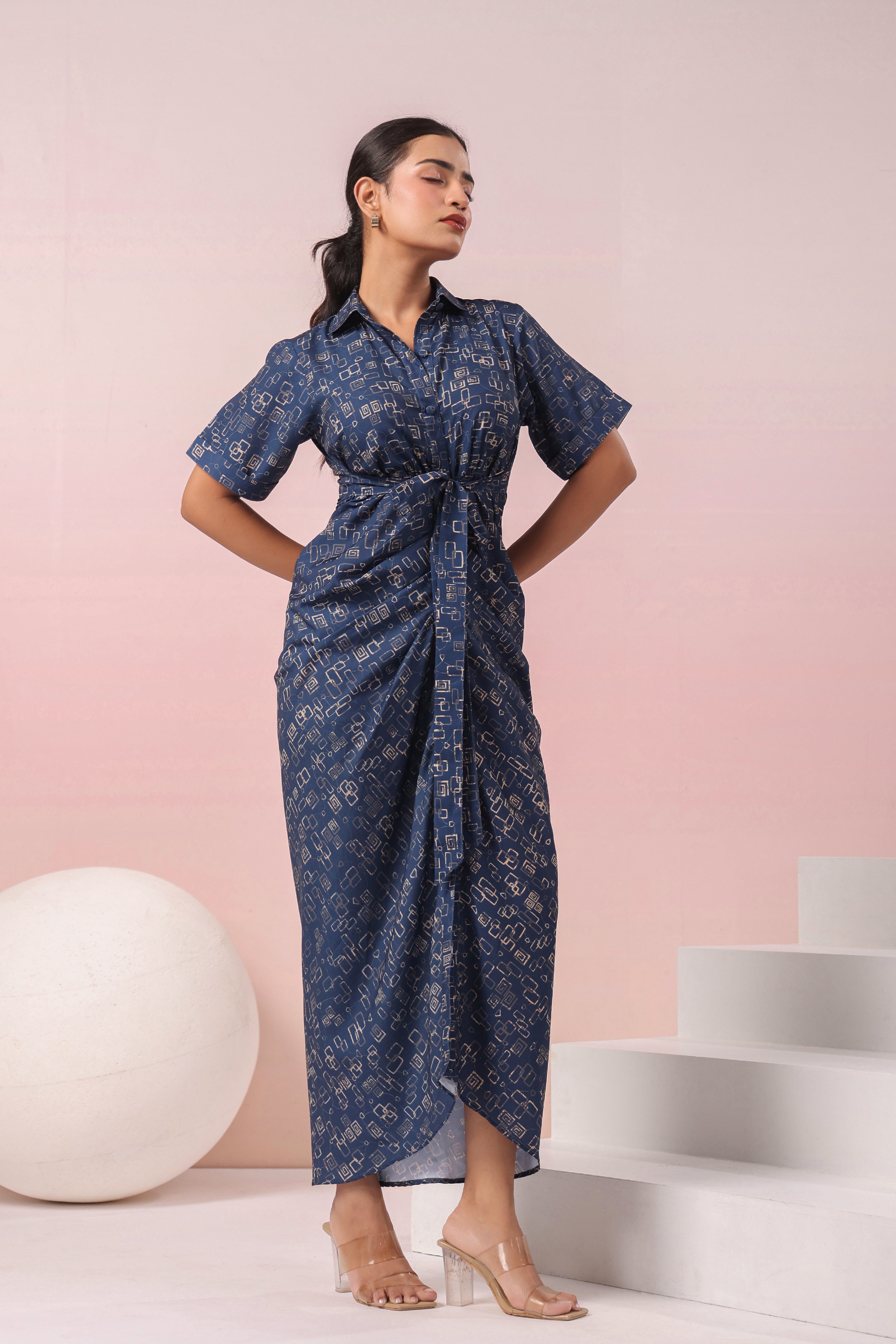 BLUE ABSTRACT PRINTED SHIRT MAXI DRESS