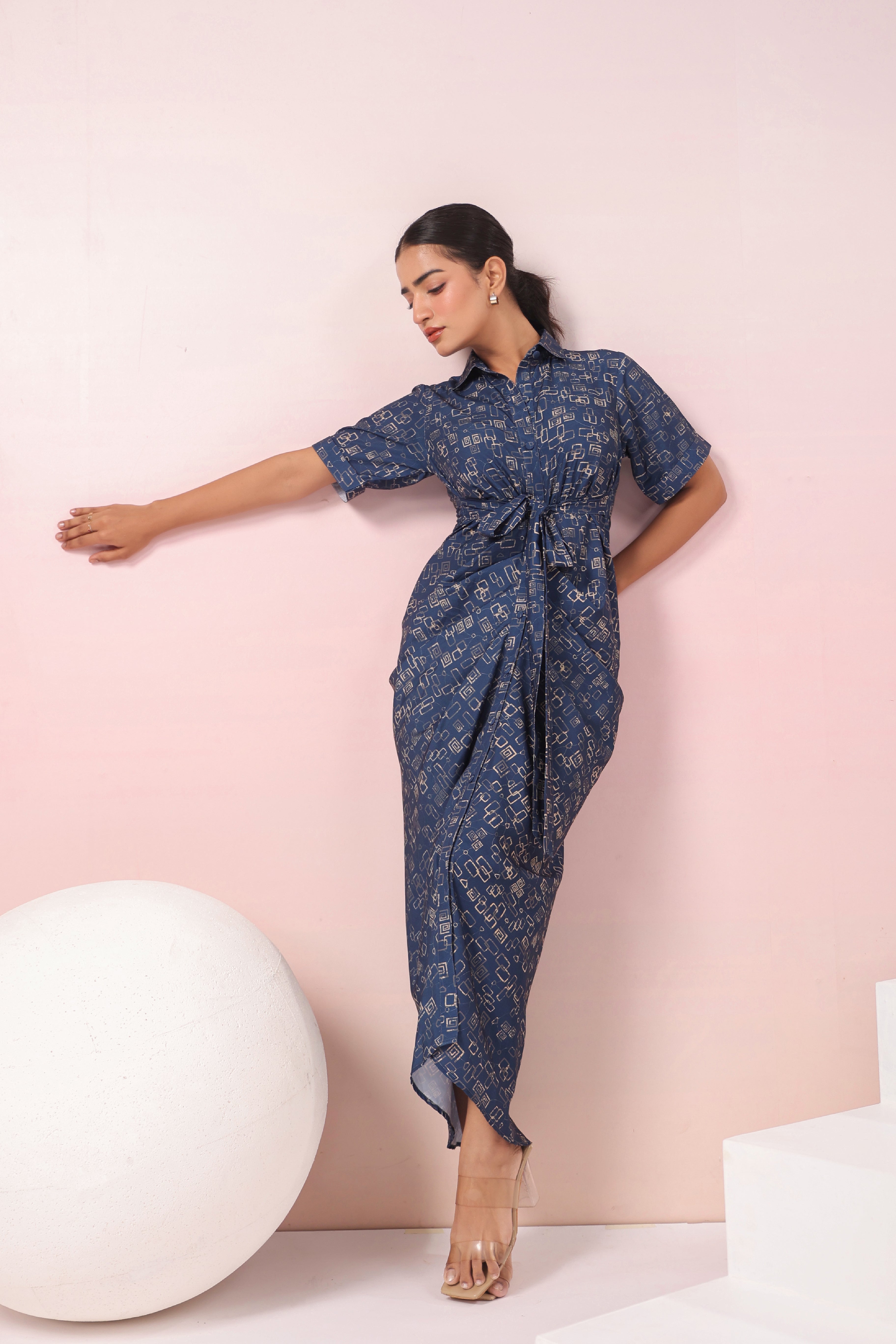 BLUE ABSTRACT PRINTED SHIRT MAXI DRESS