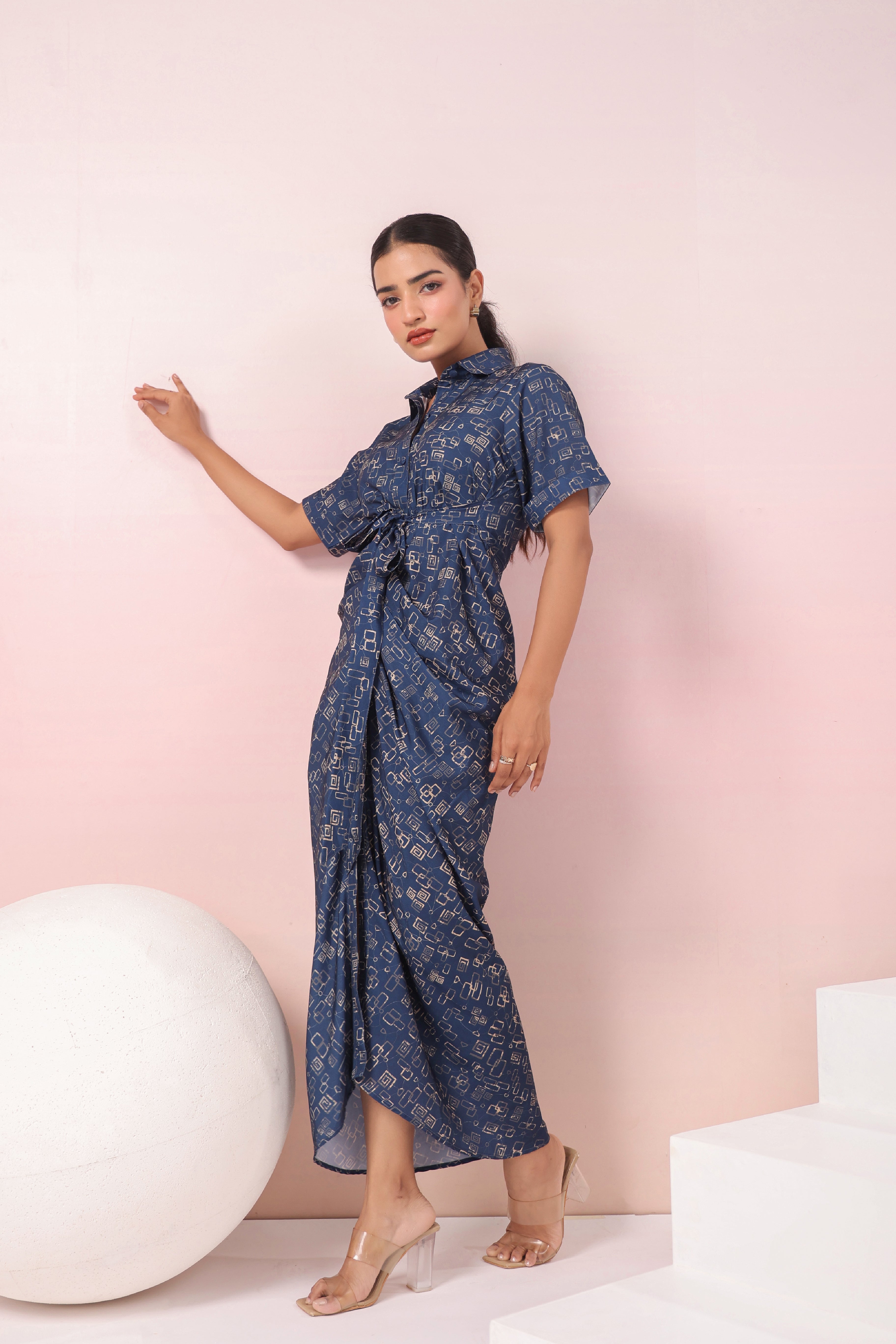 BLUE ABSTRACT PRINTED SHIRT MAXI DRESS