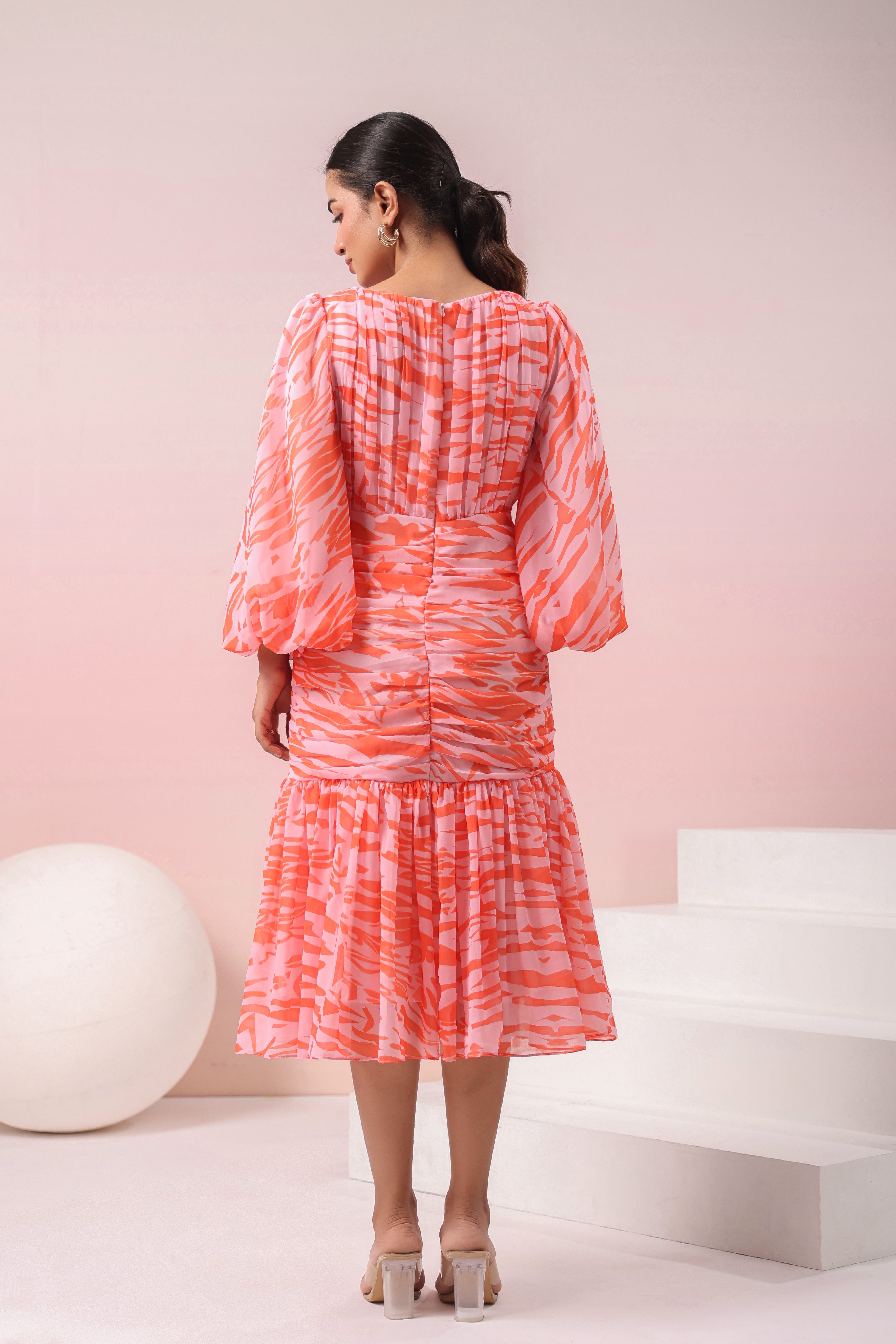 ORANGE PLEATED RUFFLED DRESS