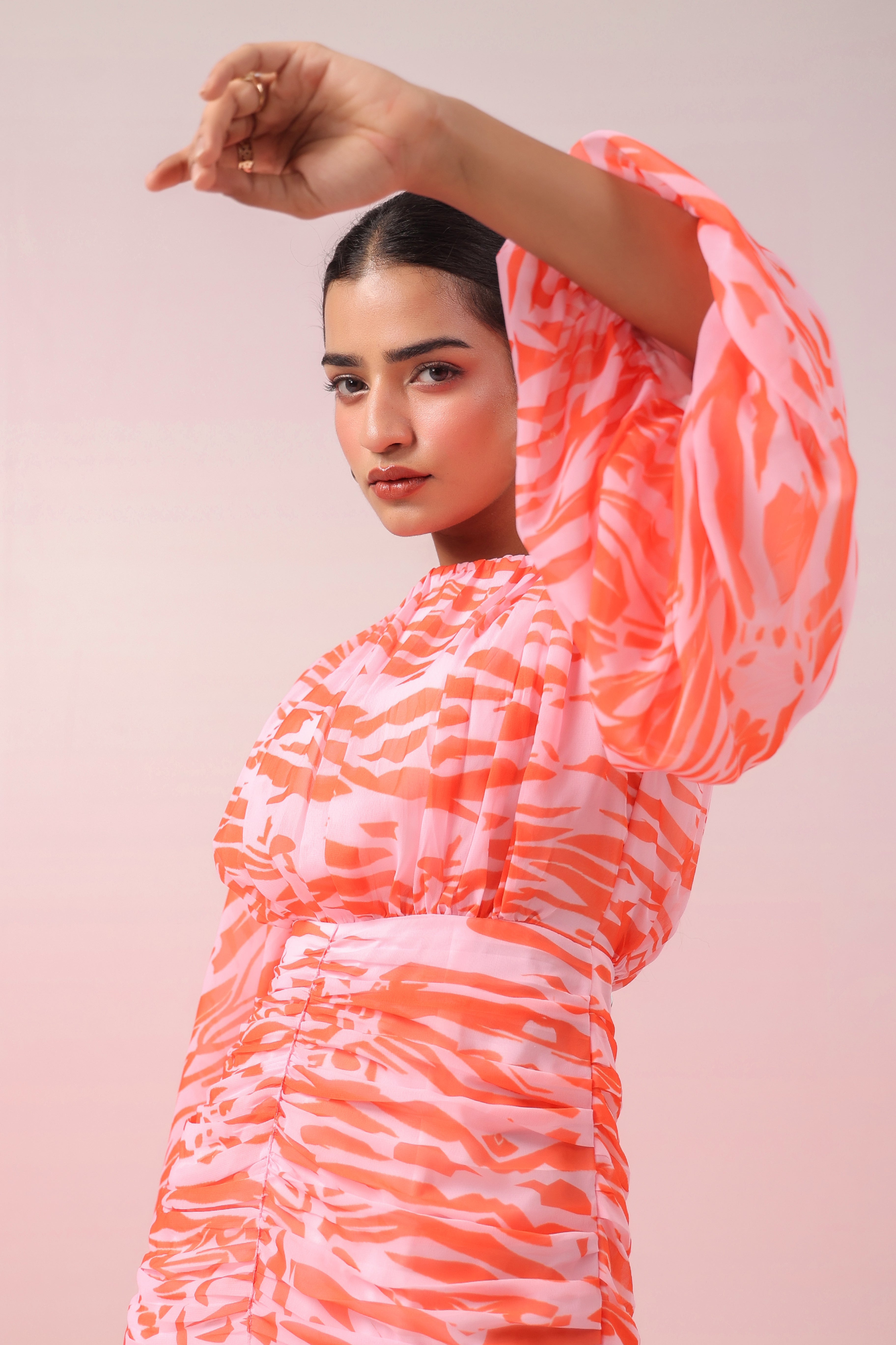 ORANGE PLEATED RUFFLED DRESS