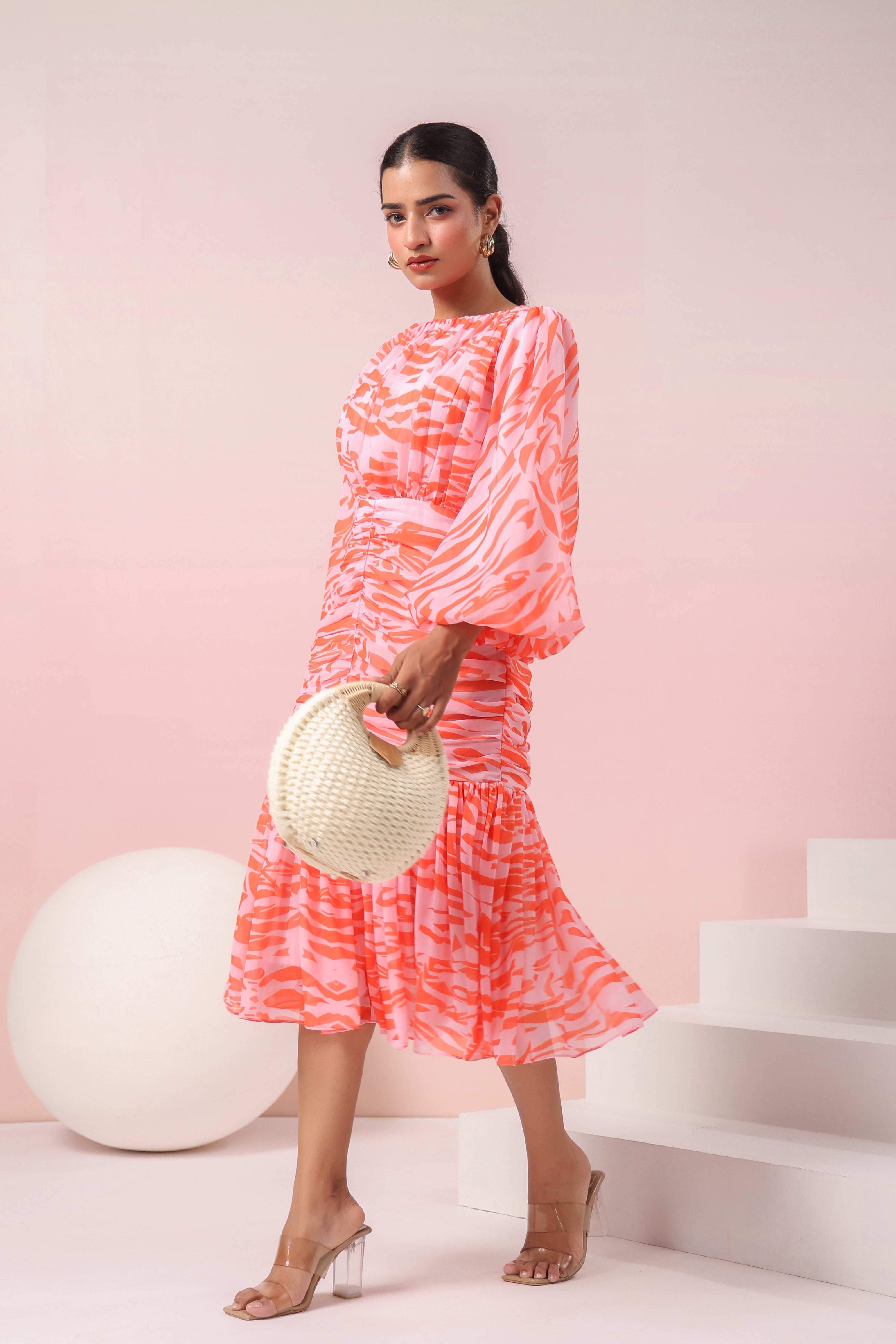 ORANGE PLEATED RUFFLED DRESS